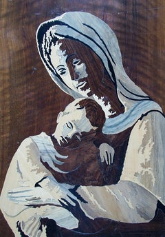 Vintage South Asian Decorative Marquetry Panel - 'Mother & Child' - 20th Century