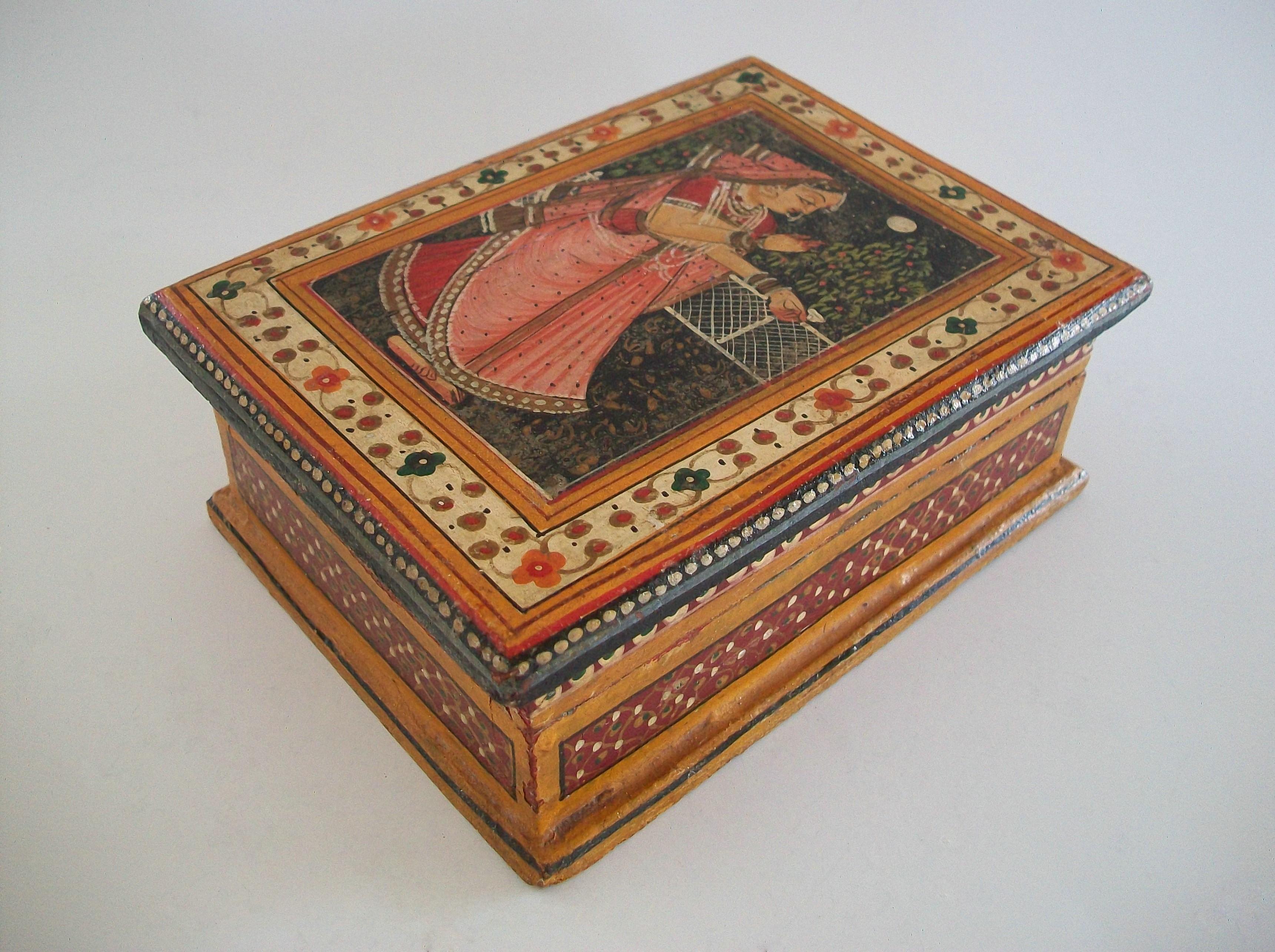 Indian Vintage South Asian Folk Art Hand Painted Wooden Box - India - Mid 20th Century For Sale