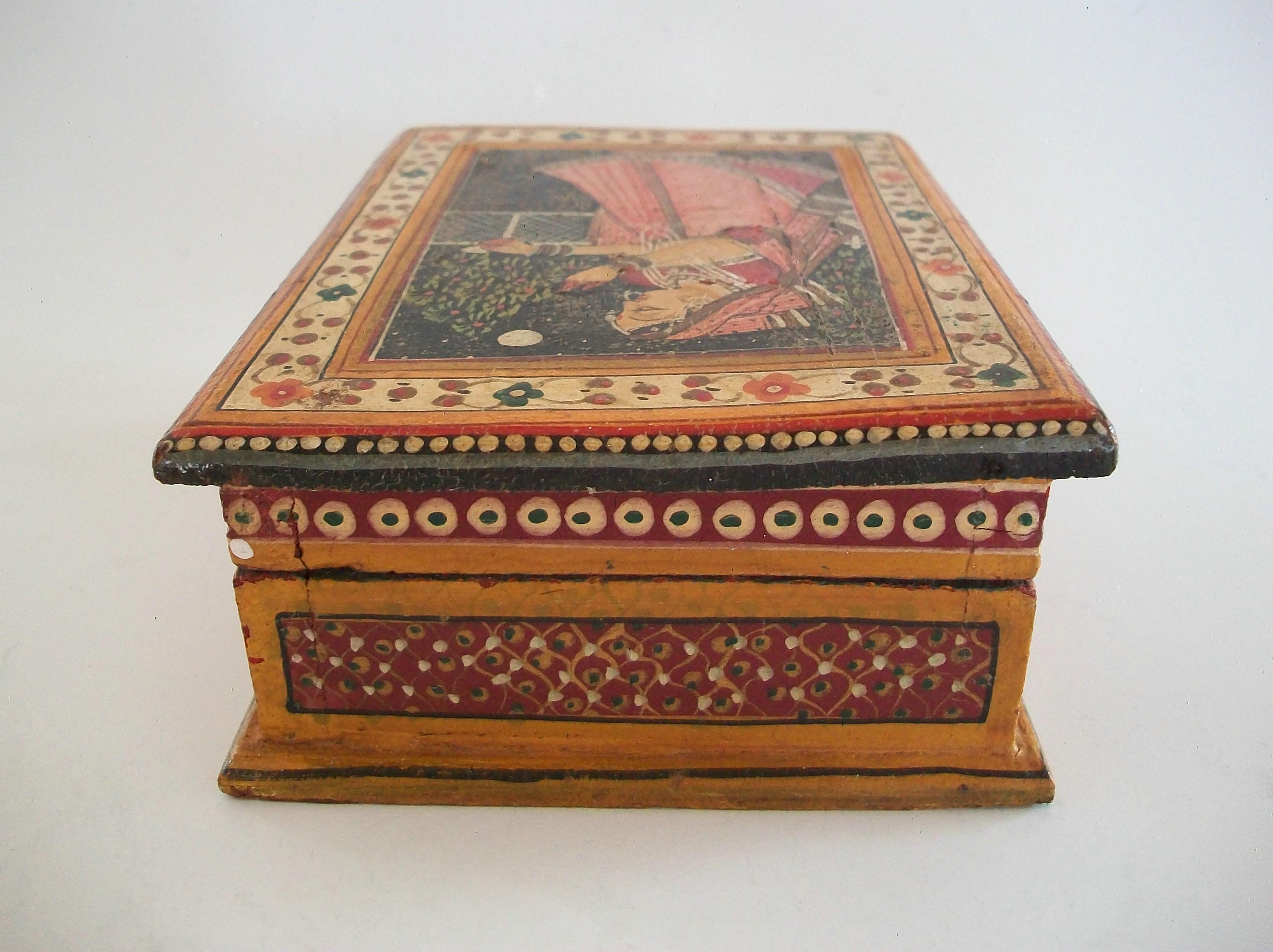 Vintage South Asian Folk Art Hand Painted Wooden Box - India - Mid 20th Century For Sale 1