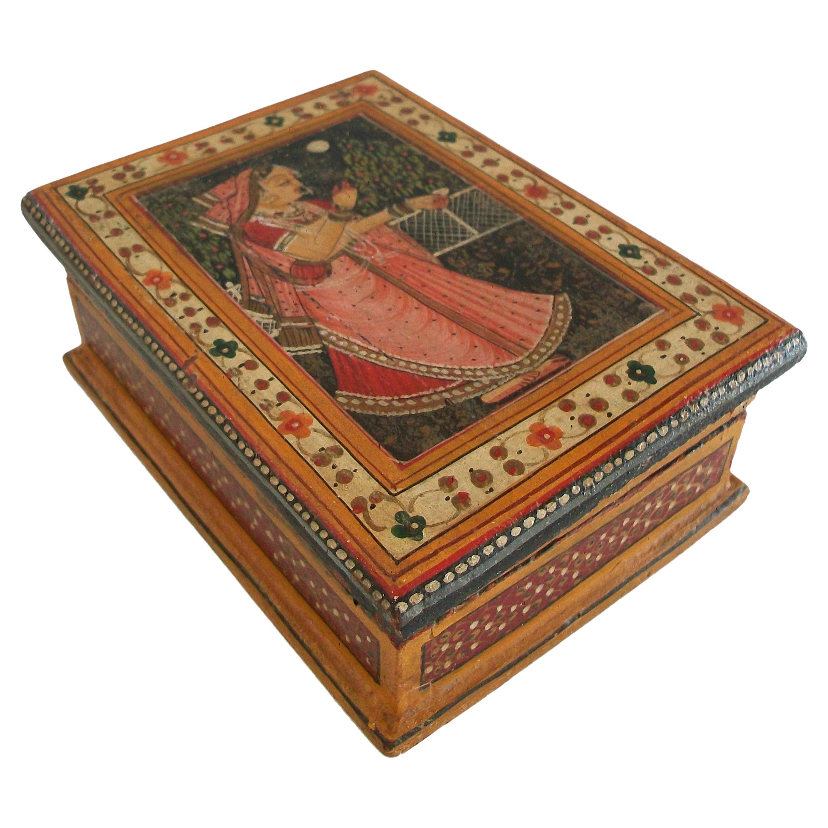 Vintage South Asian Folk Art Hand Painted Wooden Box - India - Mid 20th Century For Sale