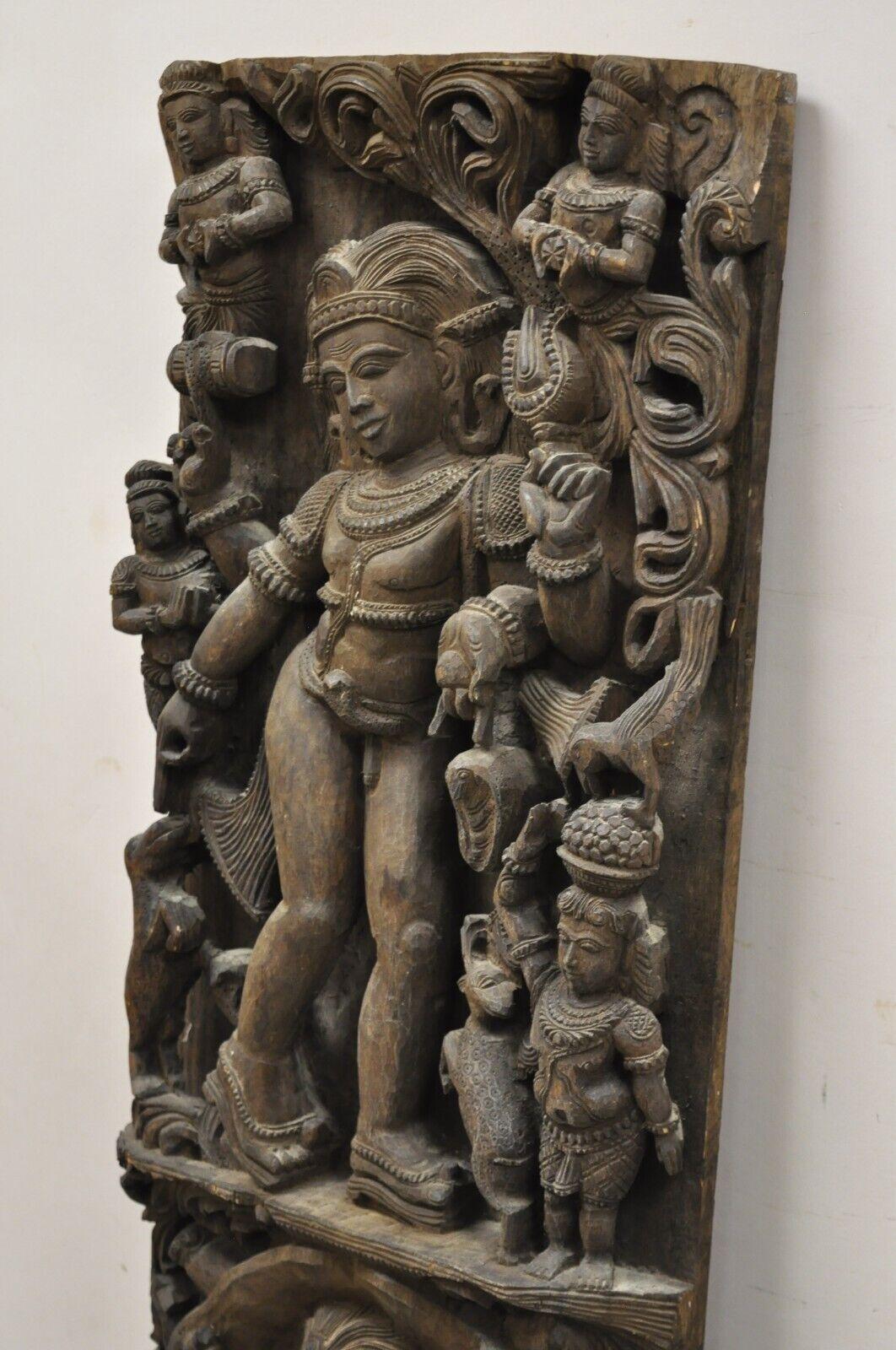 Vintage South Indian Carved Wood Relief Panel Figural Krishna Sculpture 6