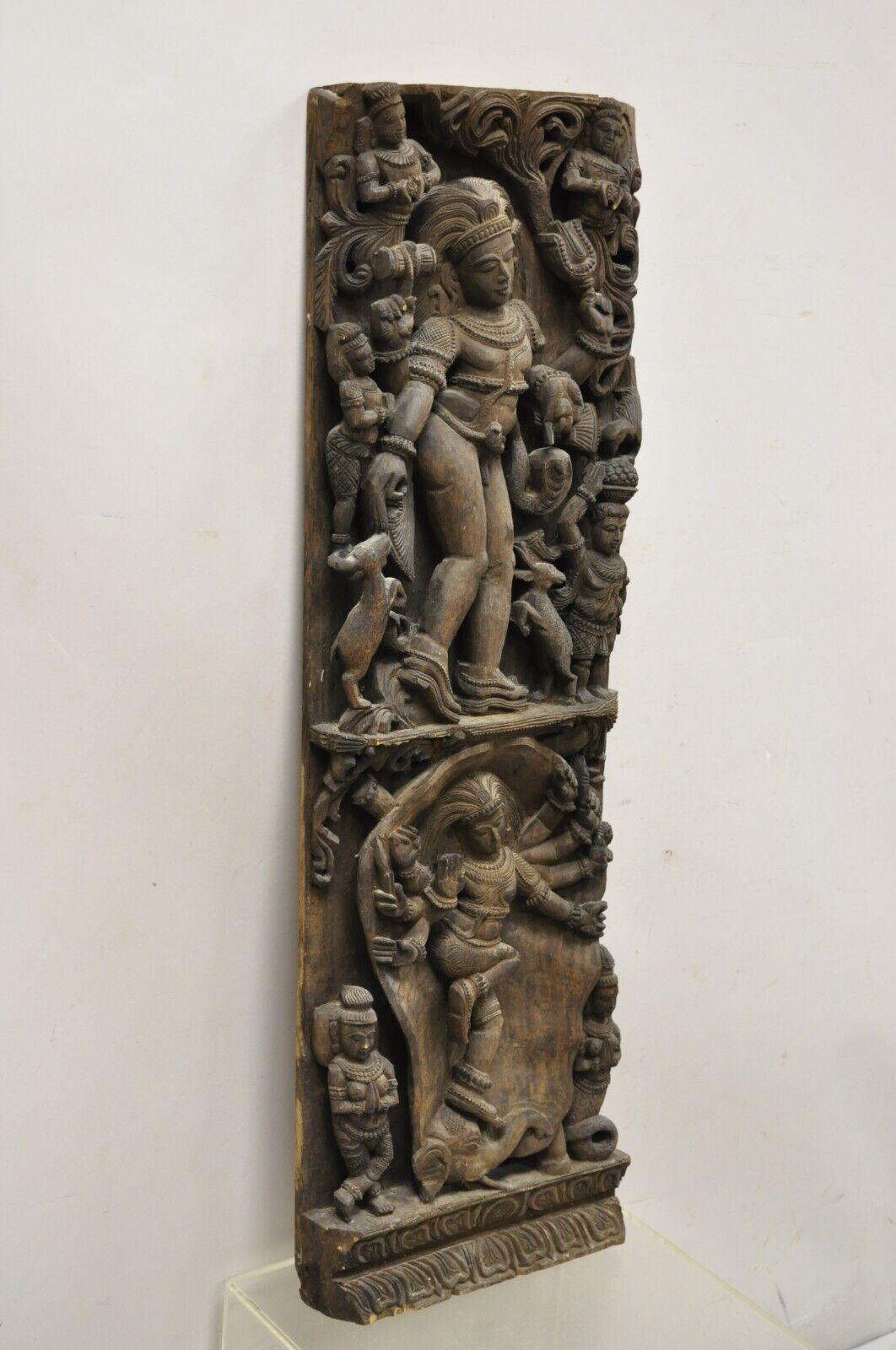 Vintage South Indian carved wood relief panel figural krishna sculpture. Item features impressive figural hand carvings throughout, very nice vintage item, great style and form. Circa Mid to Late 20th Century. Measurements: 41