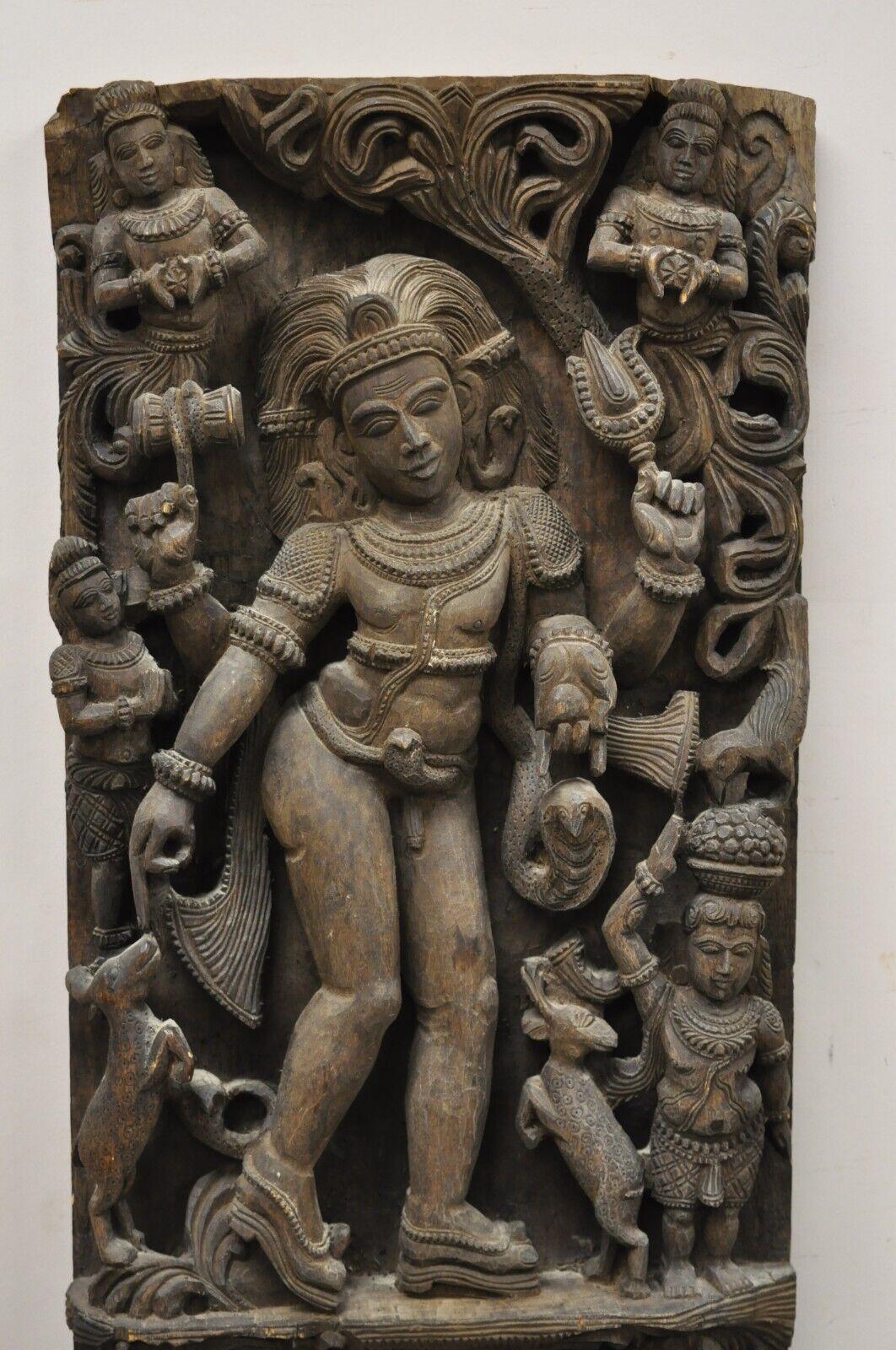 Mid-Century Modern Vintage South Indian Carved Wood Relief Panel Figural Krishna Sculpture