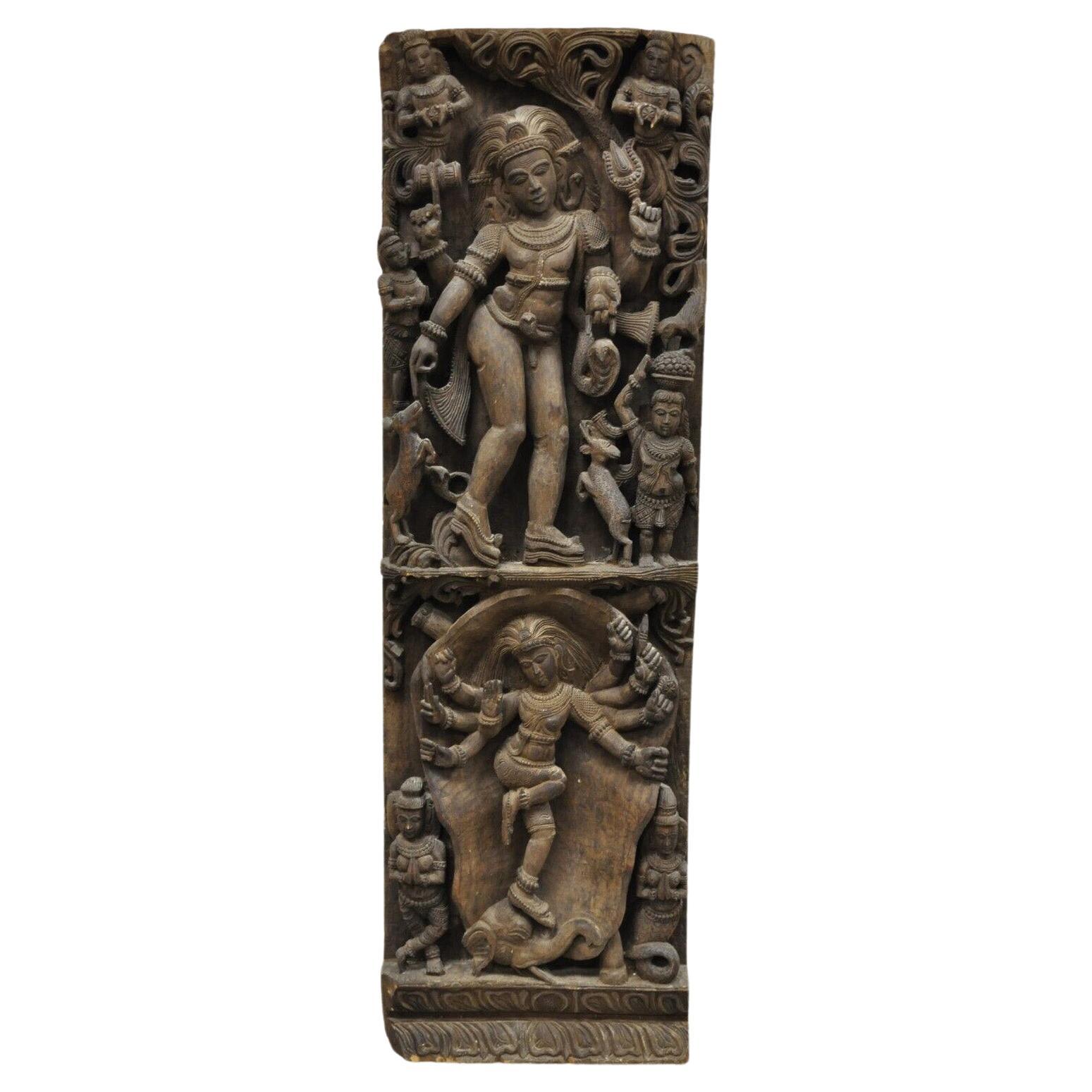 Vintage South Indian Carved Wood Relief Panel Figural Krishna Sculpture