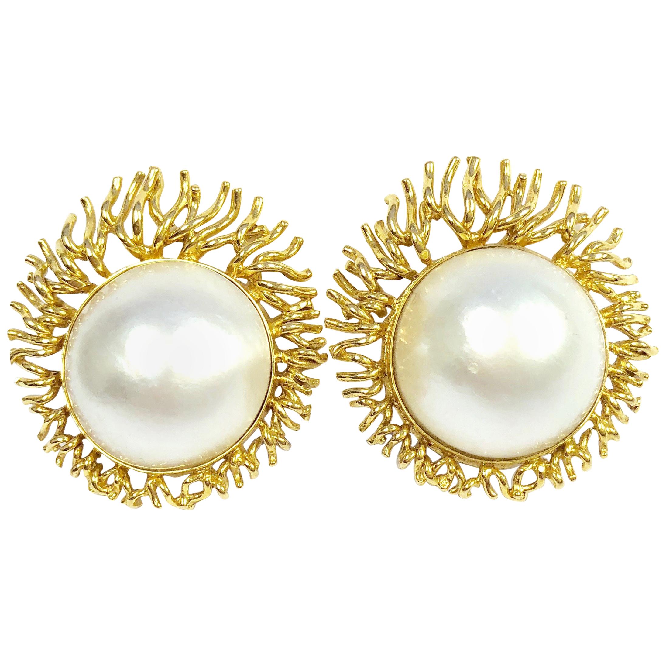 Vintage 20 MM South Sea Mabe Pearl and Yellow Gold Sunburst Clip-On Earrings