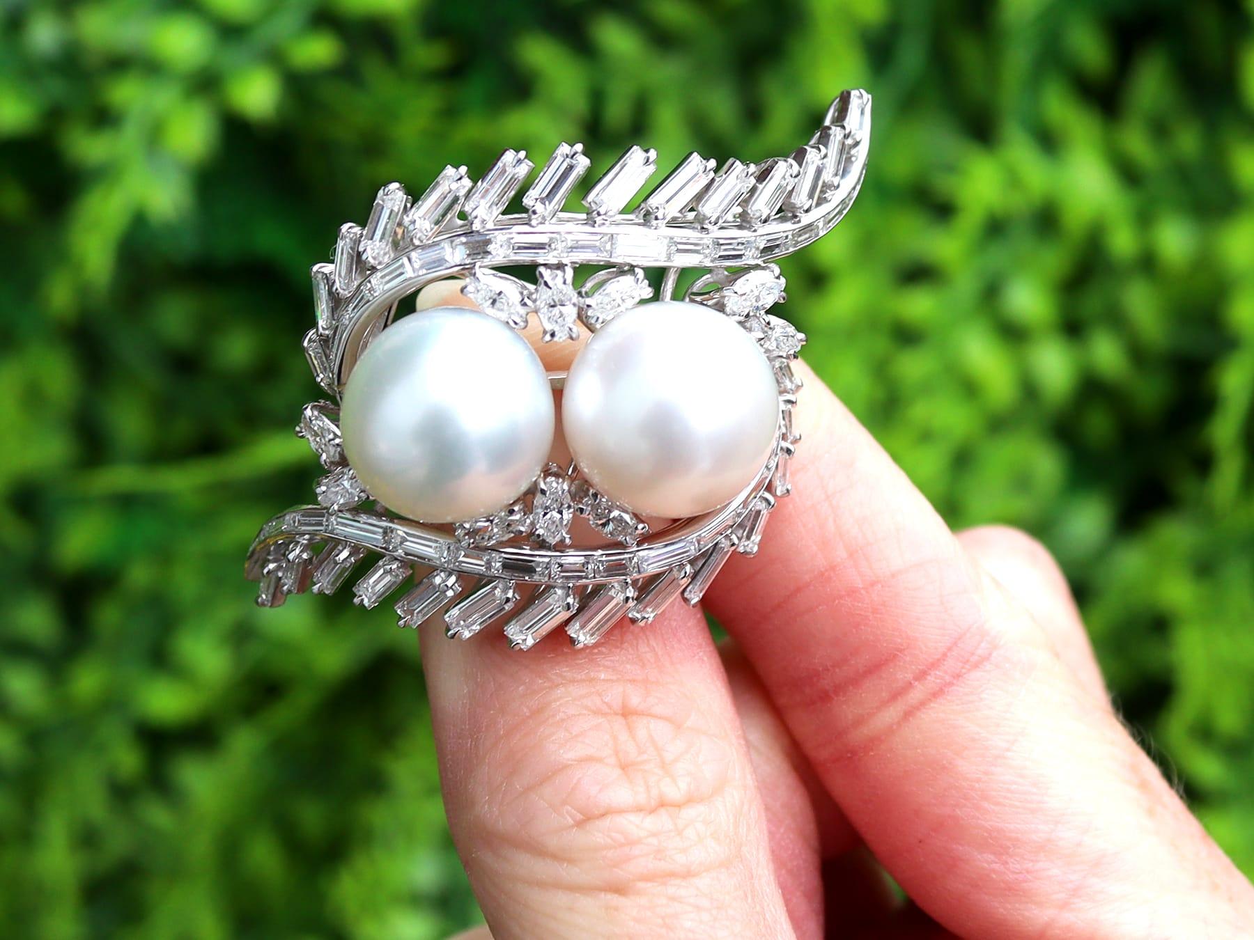 A stunning, fine and impressive vintage South Sea pearl and 4.16 carat diamond, platinum and 12 karat white gold brooch; part of our diverse vintage pearl jewelry and estate jewelry collections.

This stunning, fine and impressive South Sea pearl