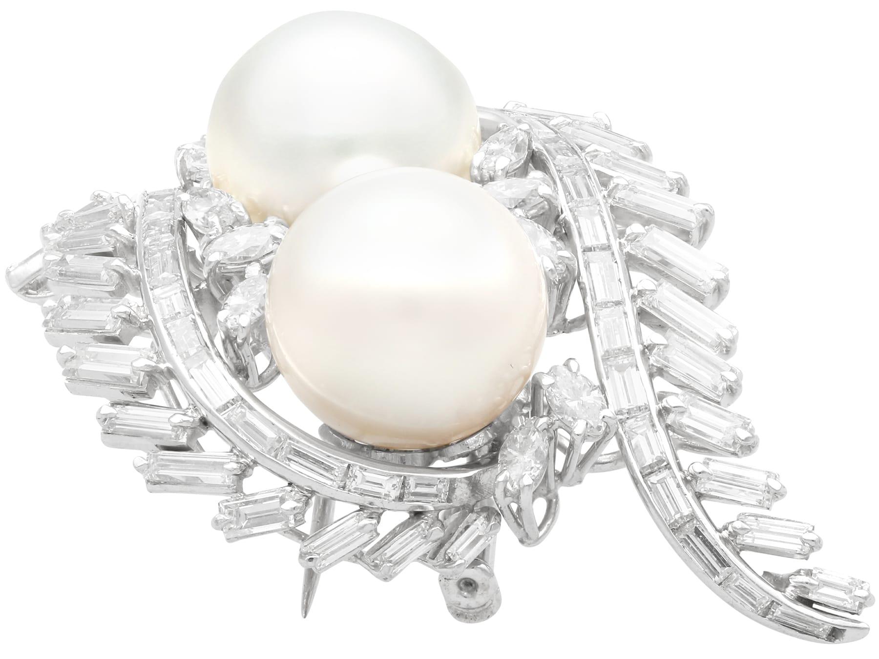 Round Cut Vintage South Sea Pearl and 4.16ct Diamond Platinum Brooch Circa 1950 For Sale