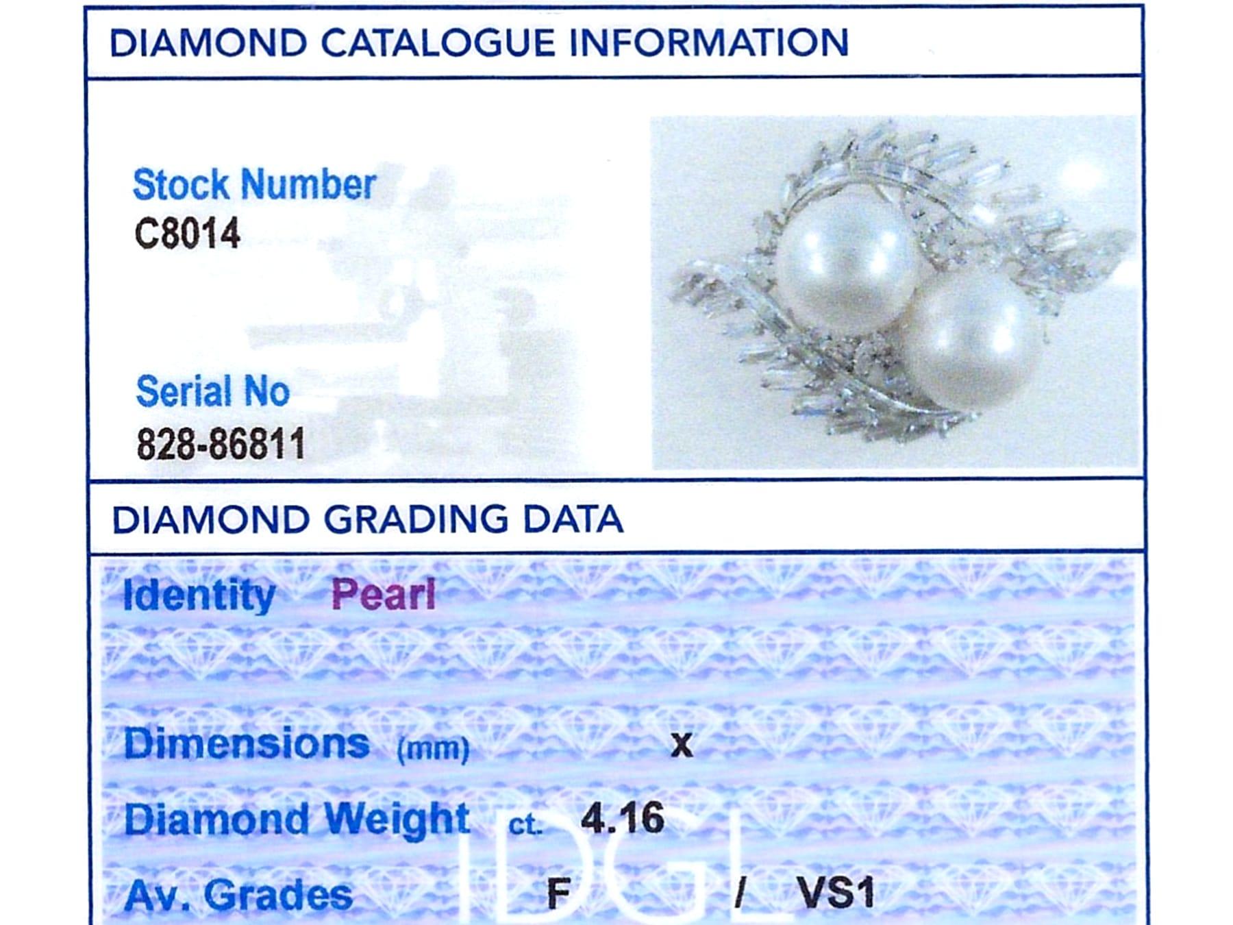 Broche vintage en platine avec perles des mers du Sud et diamants de 4,16 carats, c. 1950 en vente 3