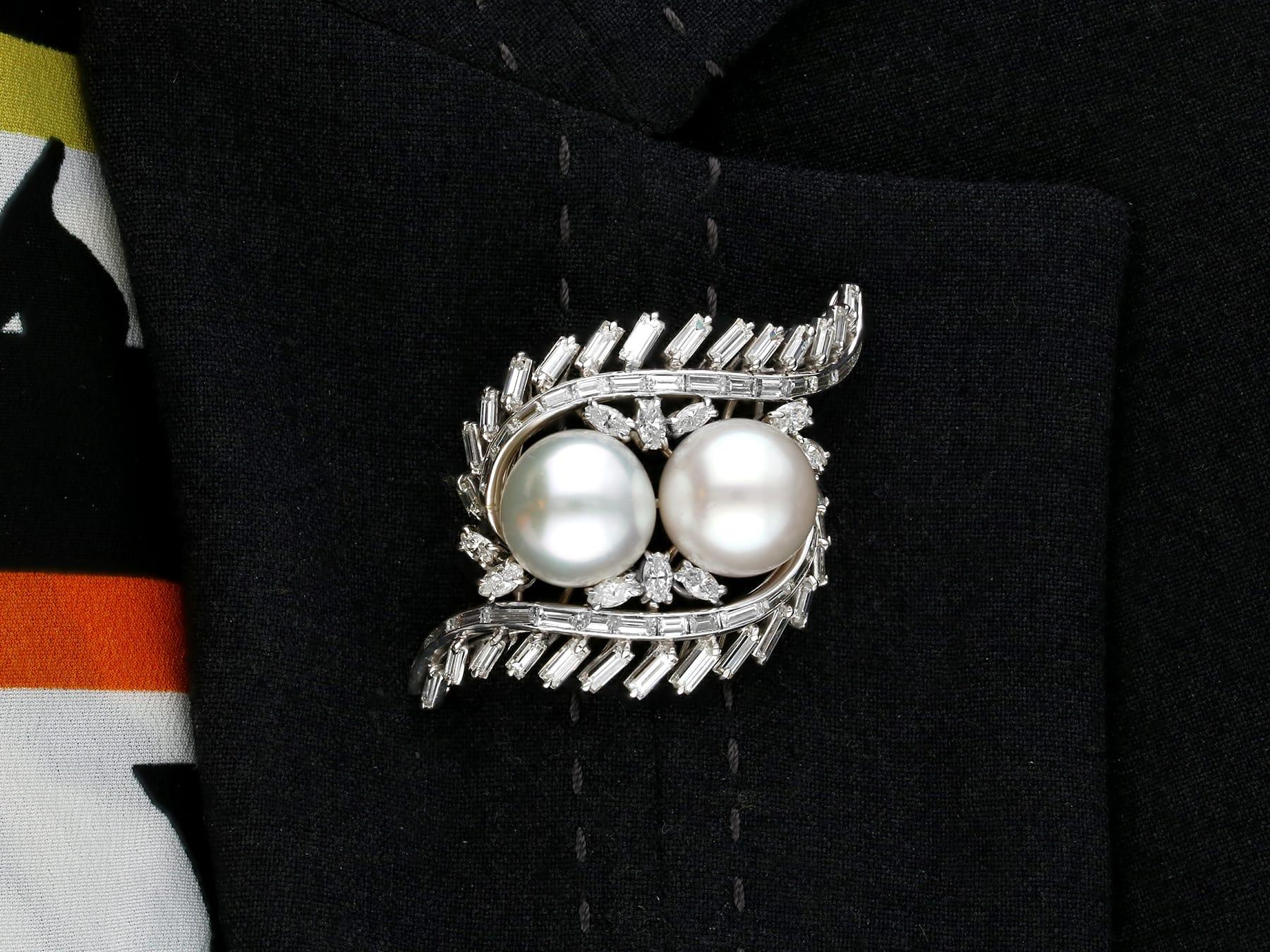Vintage South Sea Pearl and 4.16ct Diamond Platinum Brooch Circa 1950 For Sale 4