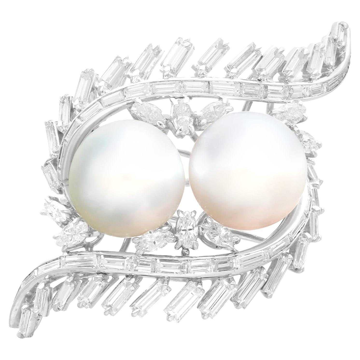 Vintage South Sea Pearl and 4.16ct Diamond Platinum Brooch Circa 1950 For Sale