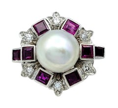 Vintage South Sea Pearl Cocktail Ring with Ruby & Diamond Halo in 18 Karat Gold