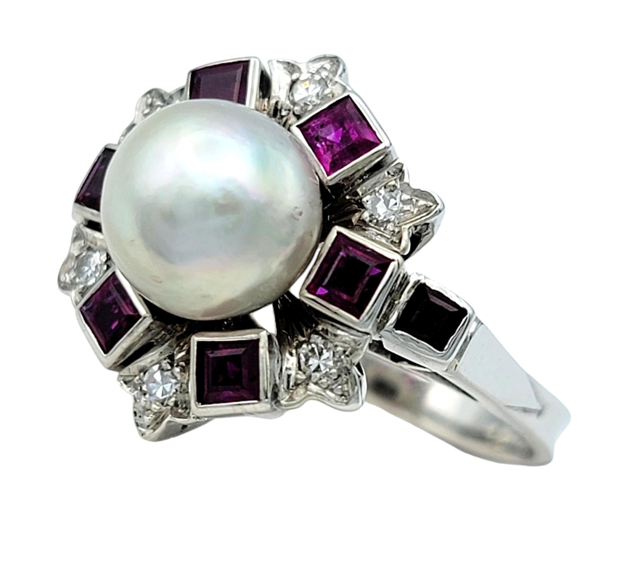 Round Cut Vintage South Sea Pearl Cocktail Ring with Ruby & Diamond Halo in 18 Karat Gold For Sale