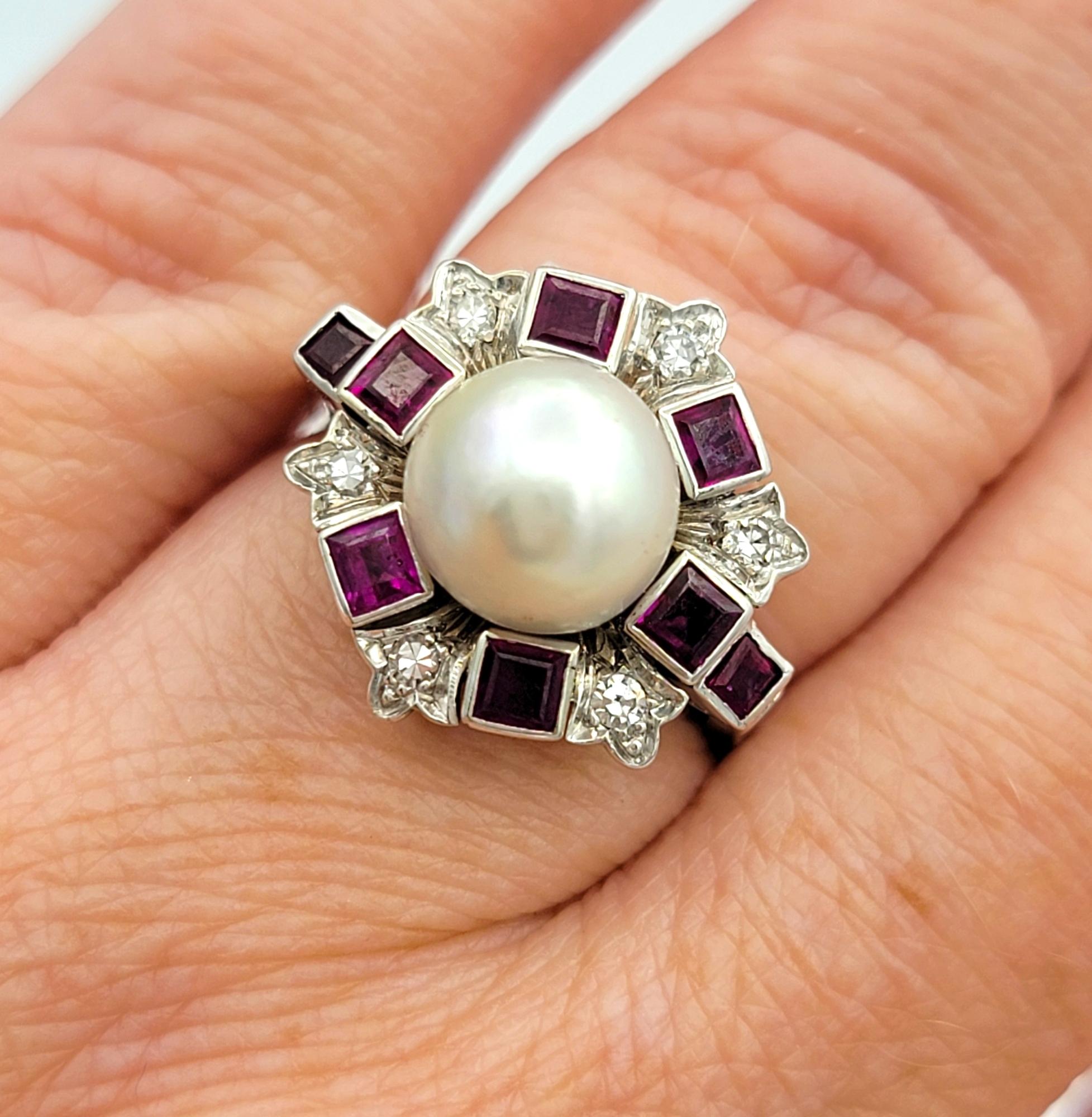 Vintage South Sea Pearl Cocktail Ring with Ruby & Diamond Halo in 18 Karat Gold For Sale 2