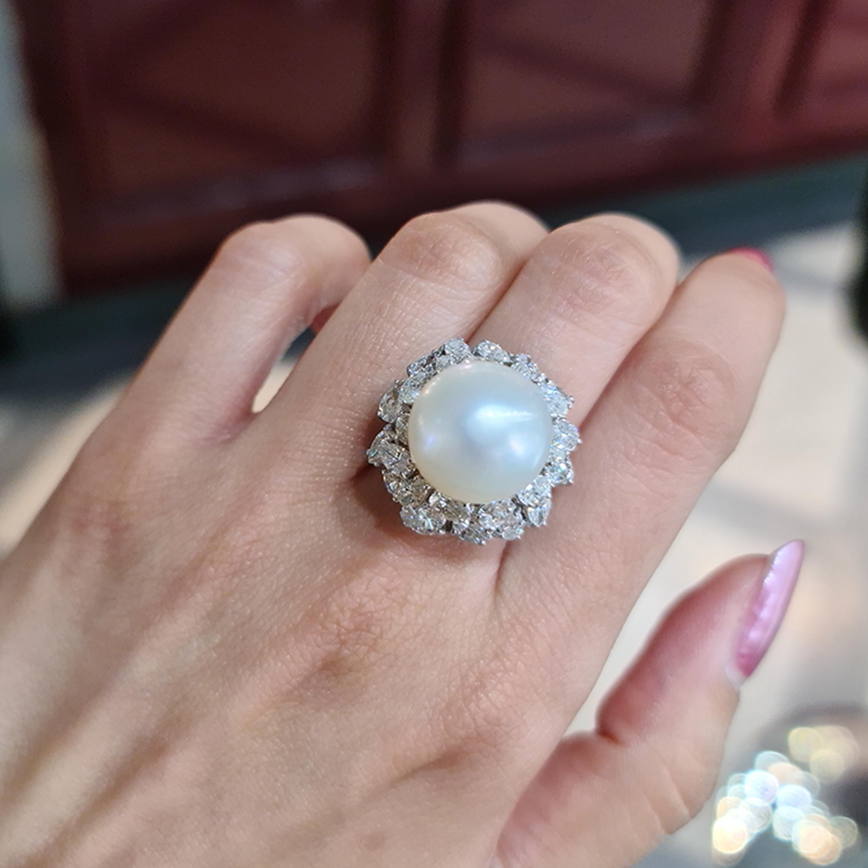 Marquise Cut Vintage South Sea Pearl Diamond and Platinum Ring, with Modern Shank, Circa 1965