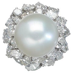 Vintage South Sea Pearl Diamond and Platinum Ring, with Modern Shank, Circa 1965