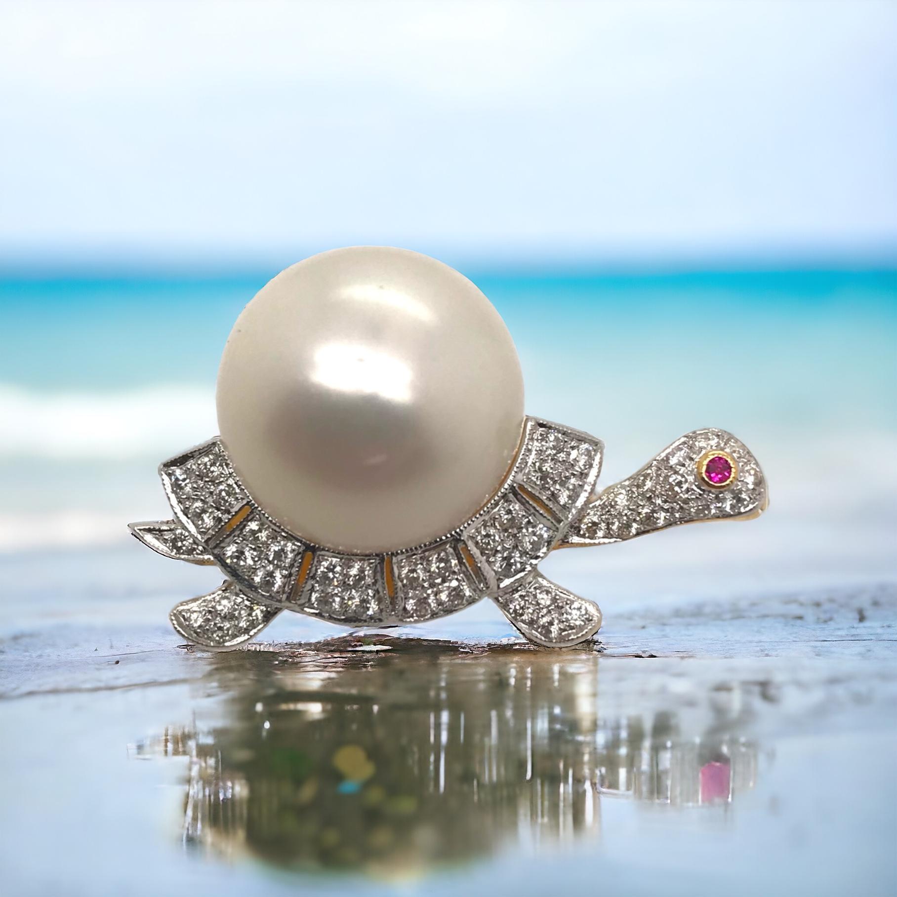 We are loving the artistic use of a beautiful saltwater pearl to fabricate this lovely piece!

Item Details
Material: 18K Yellow Gold Back; White Gold Front
45 - 1.4mm Round Brilliant Cut Diamonds; 0.01 Carat Each / 0.45 Carat Combined
1 - 1.5mm