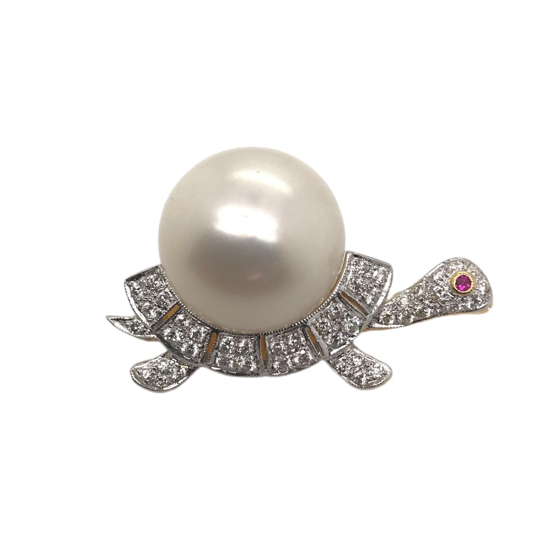 Women's Vintage South Sea Pearl & Diamond Turtle Brooch GIA For Sale