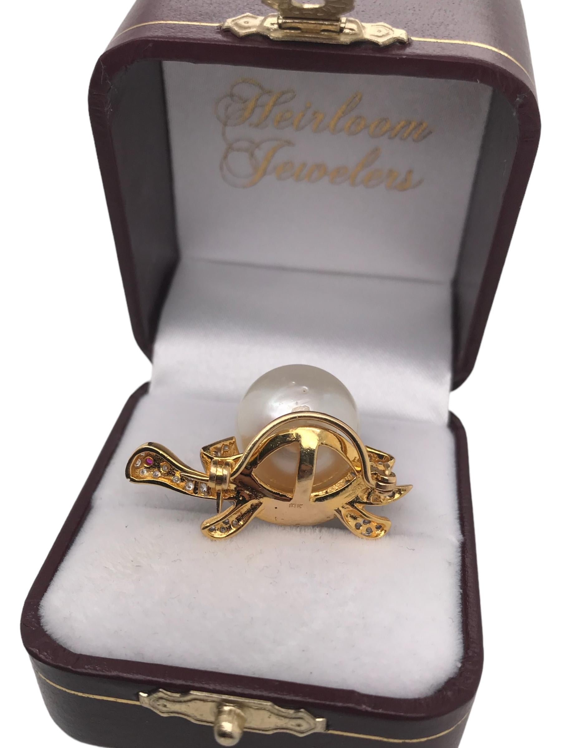 Vintage South Sea Pearl & Diamond Turtle Brooch GIA For Sale 4
