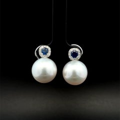 Vintage South Sea Pearl Sapphire and Diamond Gold Earrings Estate Fine Jewelry