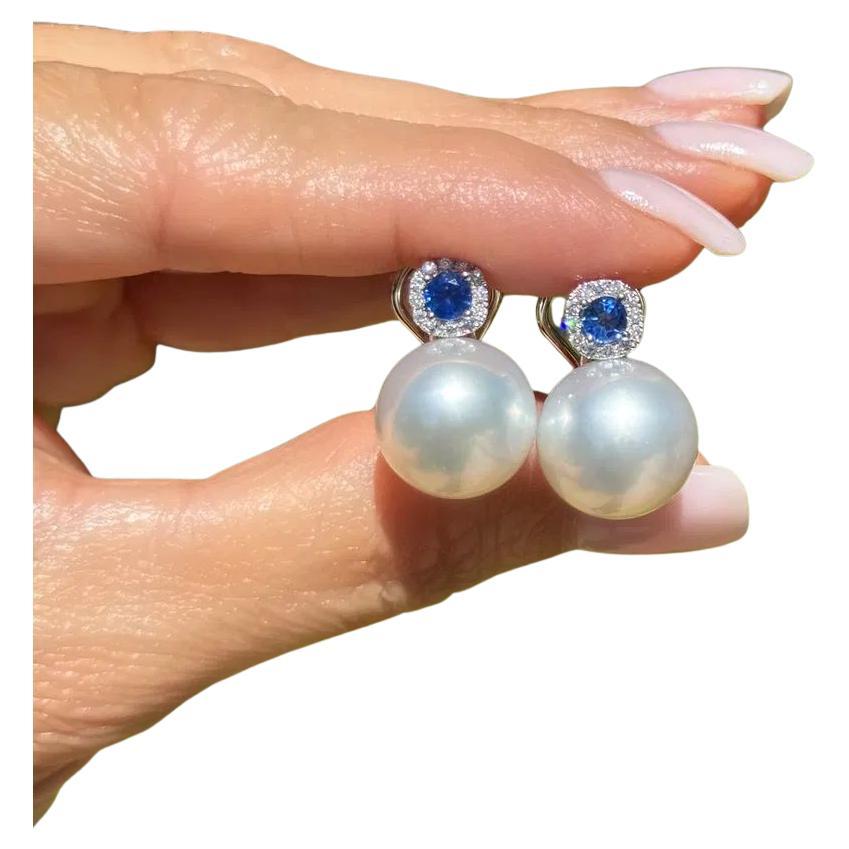 Vintage South Sea Pearl Sapphire and Diamond Gold Earrings Estate Fine Jewelry