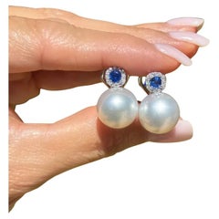 Vintage South Sea Pearl Sapphire and Diamond Gold Earrings Estate Fine Jewelry