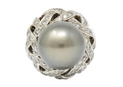 Vintage South Sea Tahitian Pearl 2.00 Carats Diamond 18 Karat White Gold Ring