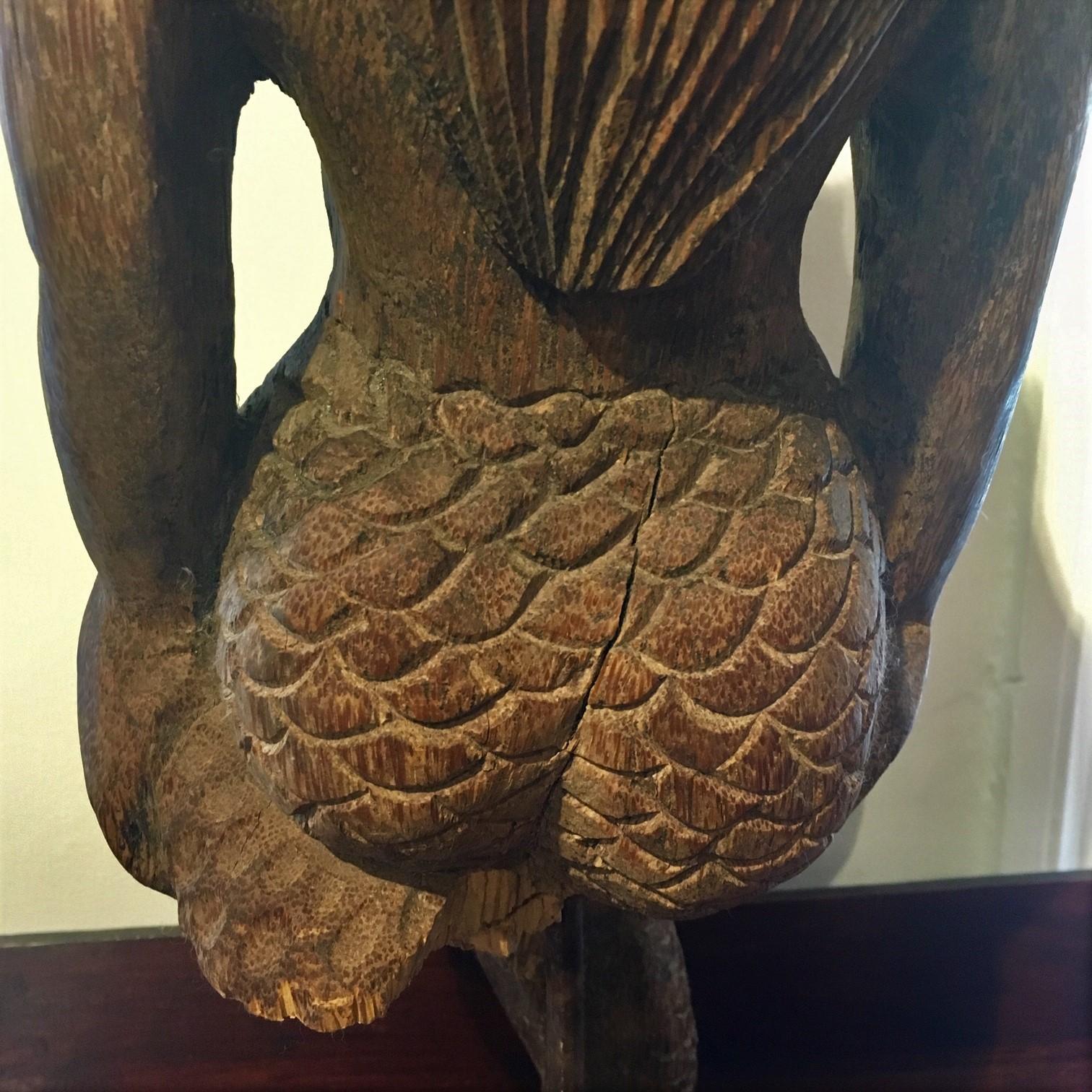 Vintage South Seas Carved Teak Mermaid In Fair Condition For Sale In Nantucket, MA