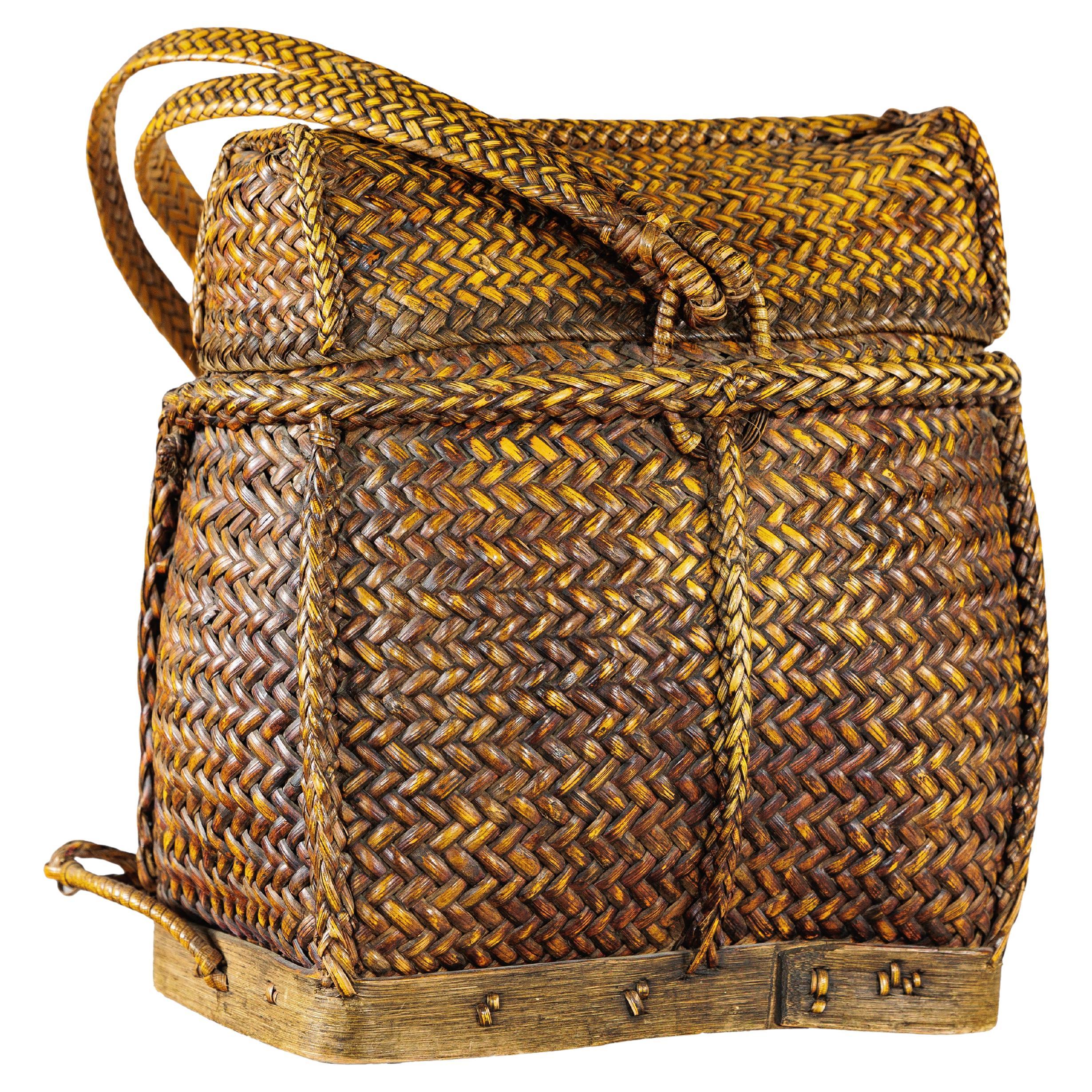 Vintage Southeast Asian Handwoven Rattan and Bamboo Backpack Basket