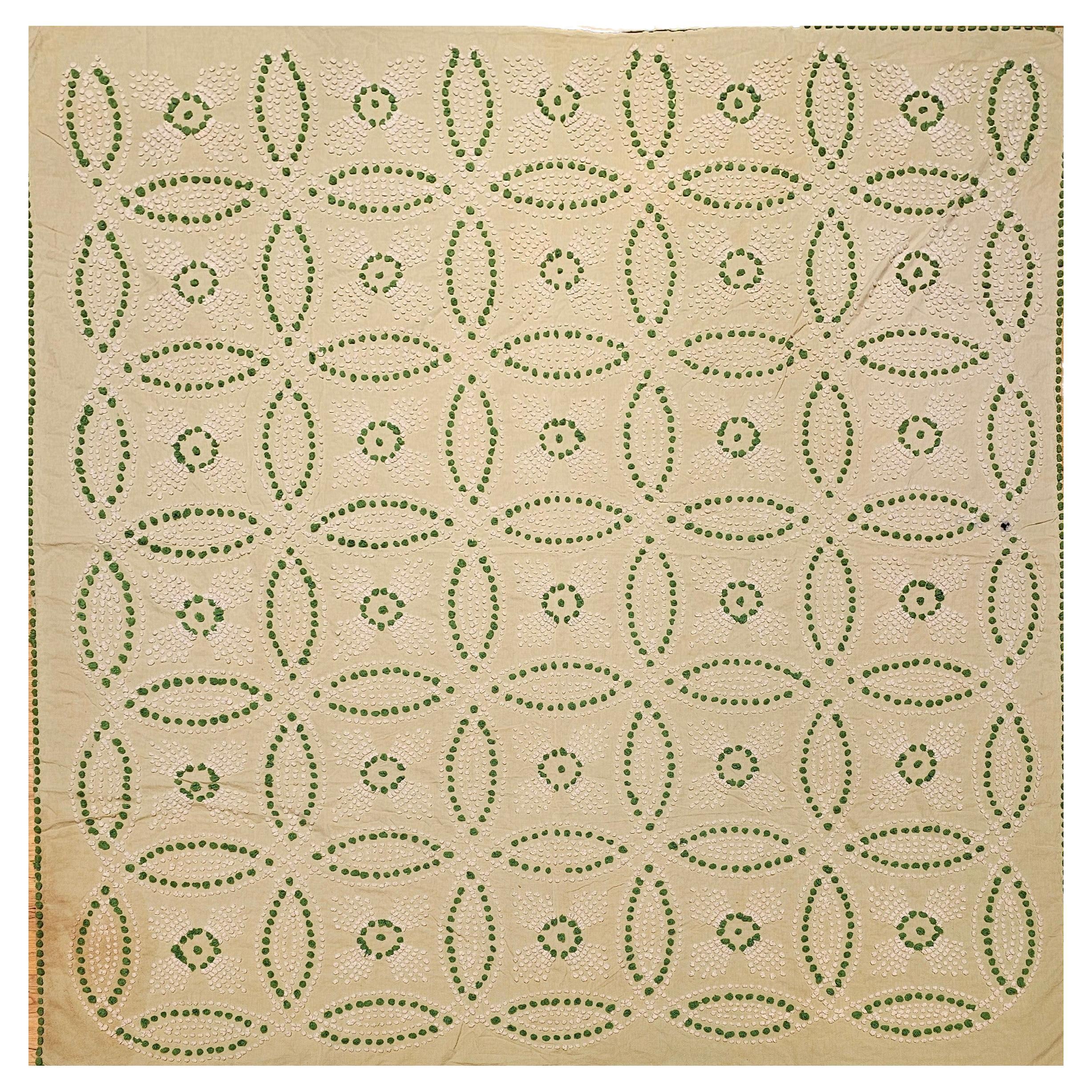 Vintage Southern Quilt in Hochzeitsring-Muster in Blassgrün, Elfenbein, Grün