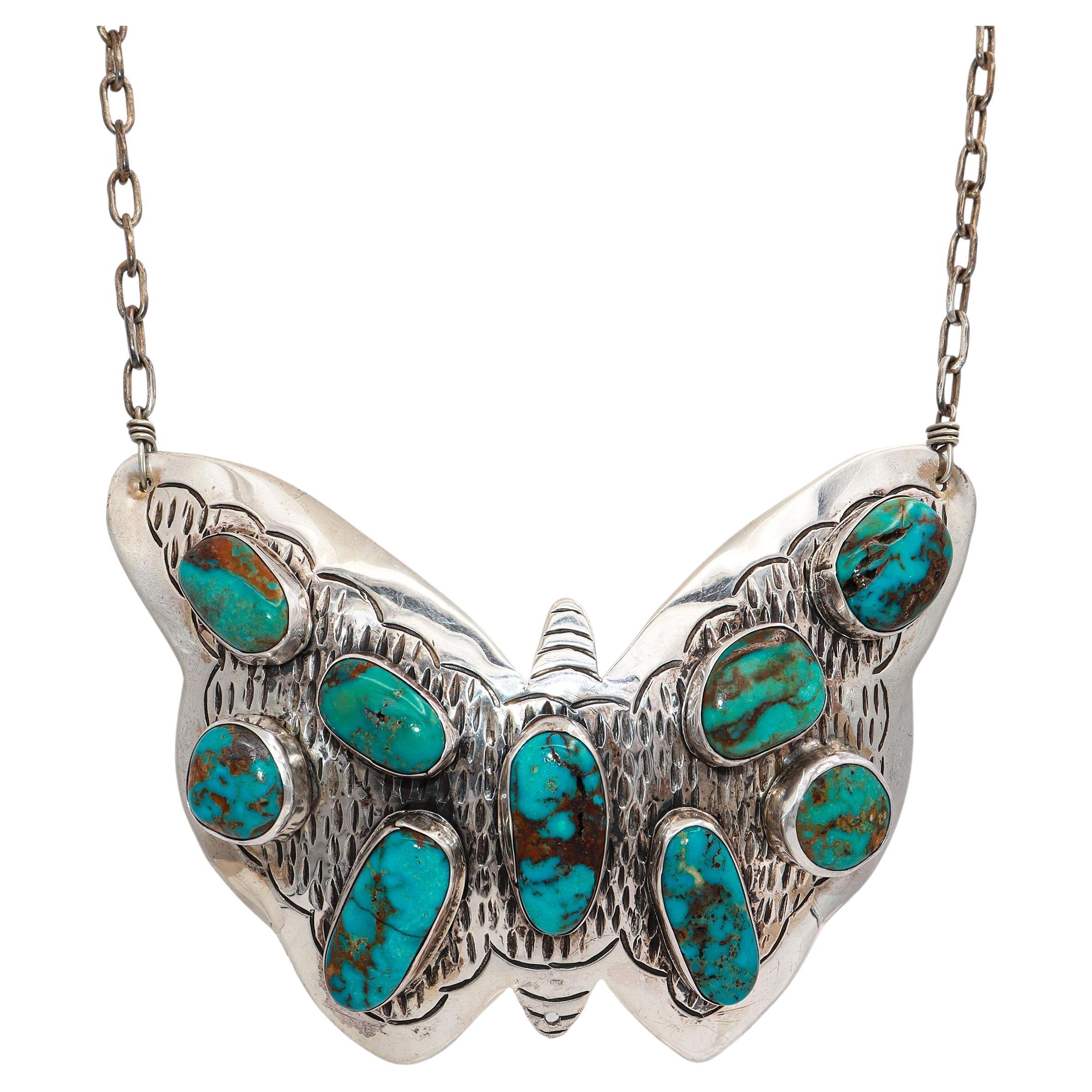 Vintage Southwest David F. Garcia Sterling Silver Turquoise Butterfly Necklace in vendita