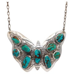 Vintage Southwest David F. Garcia Sterling Silver Turquoise Butterfly Necklace