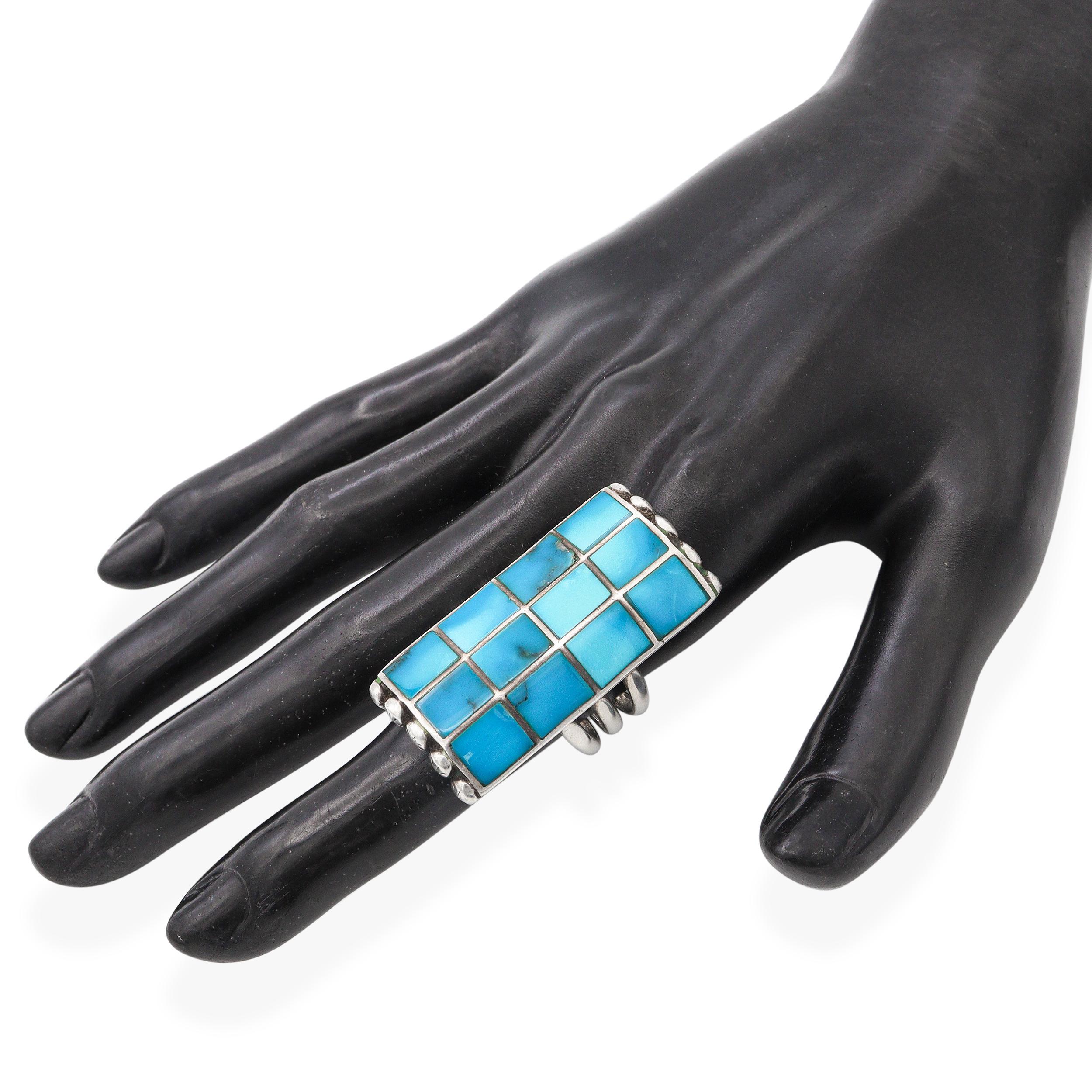 Square Cut Vintage Southwest Navajo Norman Paul Sterling Silver Turquoise Inlay Ring For Sale