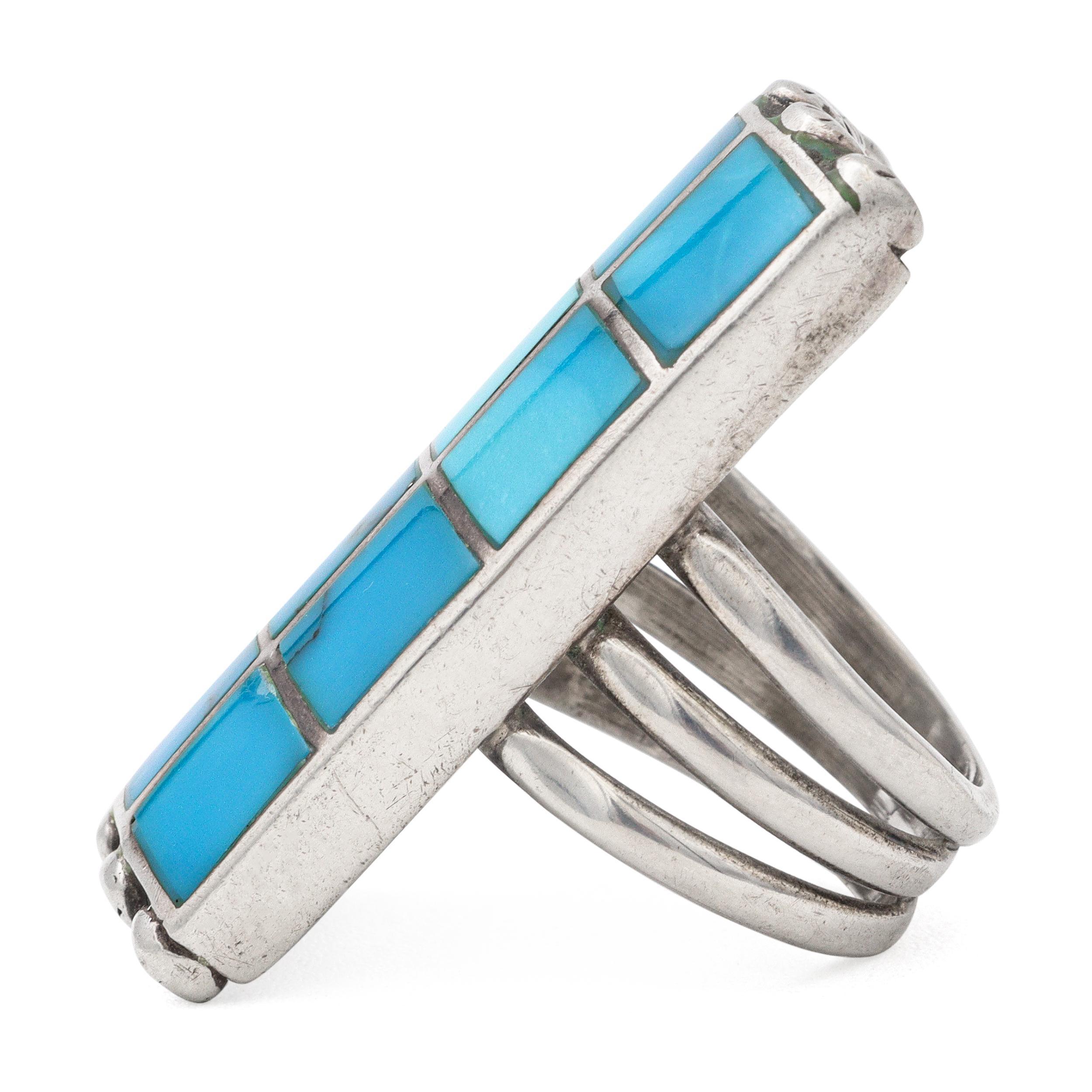 Vintage Southwest Navajo Norman Paul Sterling Silver Turquoise Inlay Ring In Good Condition For Sale In New York, NY