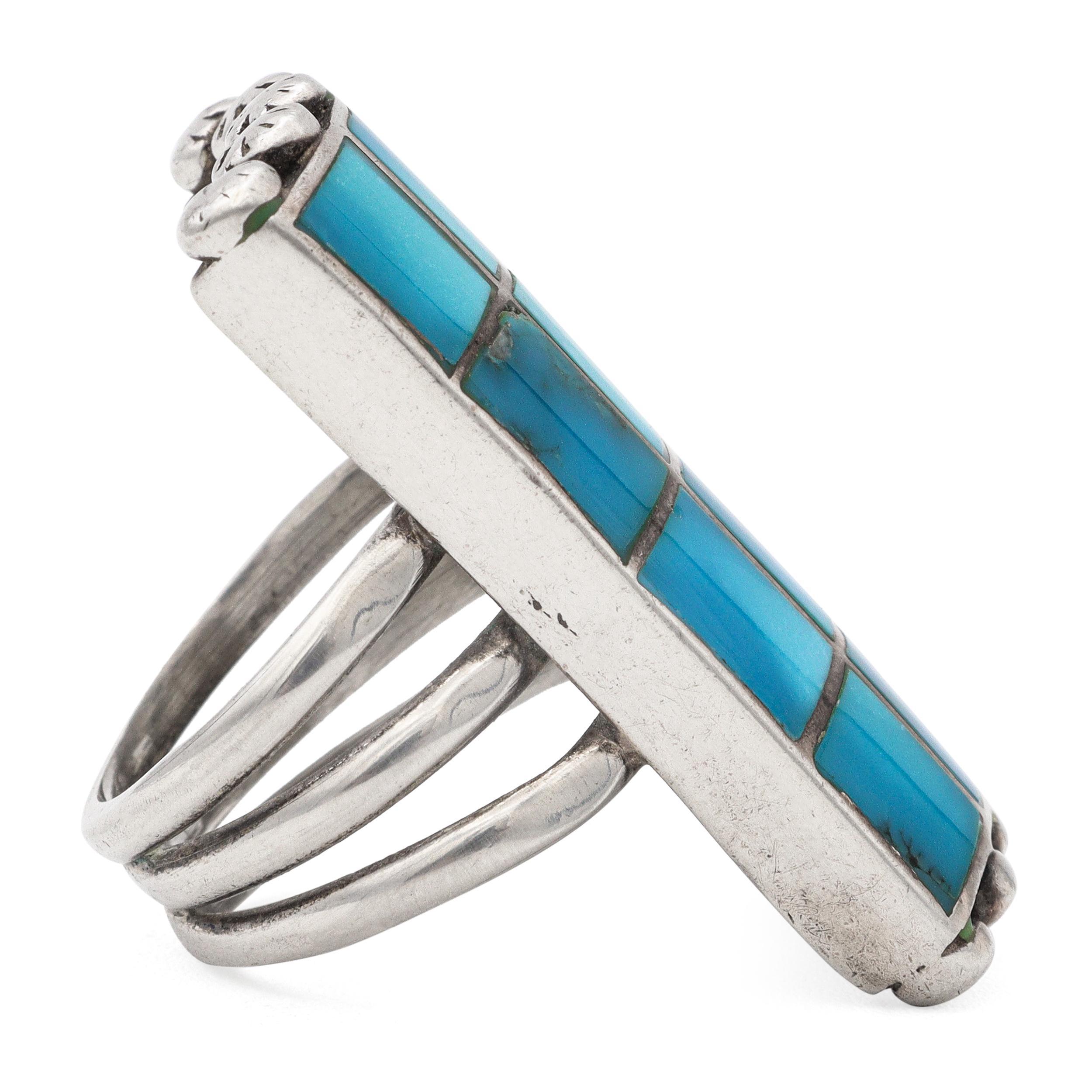 Vintage Southwest Navajo Norman Paul Sterling Silver Turquoise Inlay Ring For Sale 1