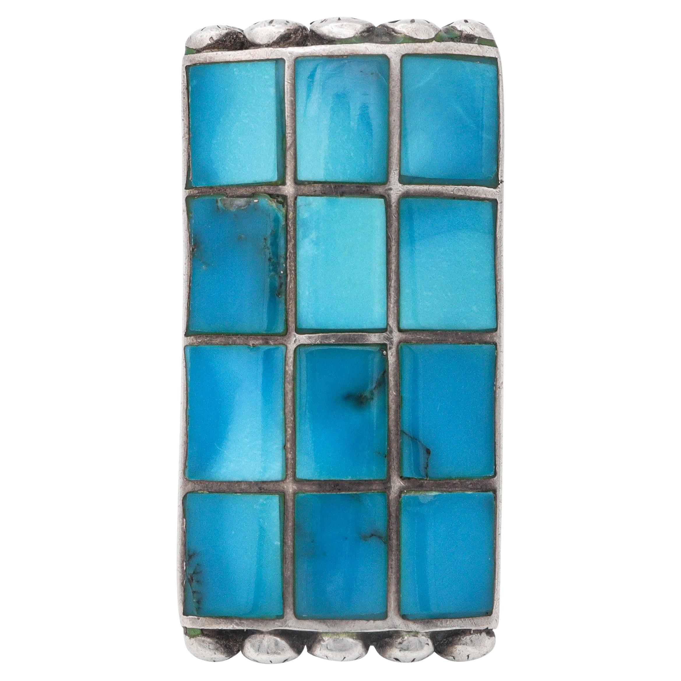Vintage Southwest Navajo Norman Paul Sterling Silver Turquoise Inlay Ring For Sale