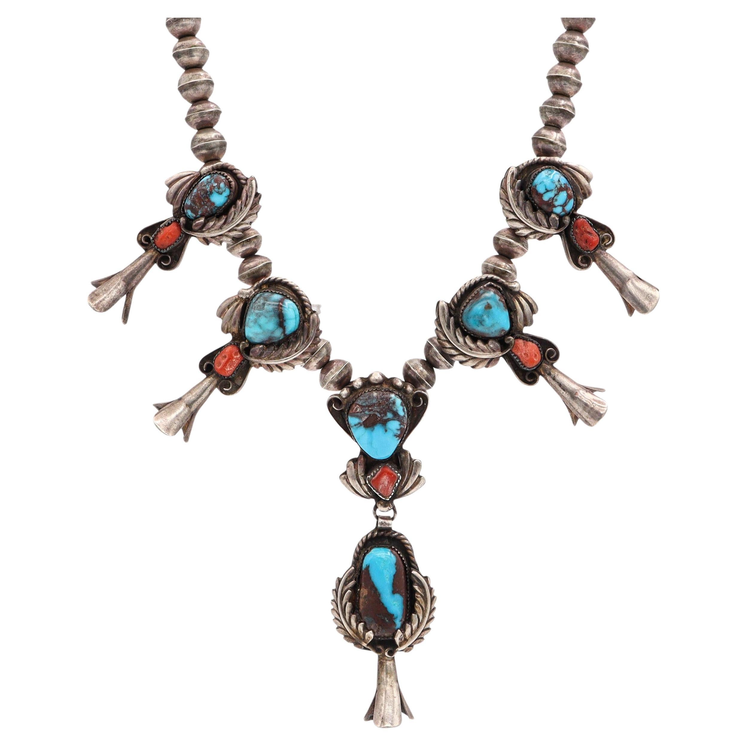 Vintage Southwest Navajo Sterling Silver Turquoise
Coral Squash-Style Necklace