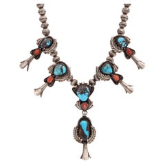 Vintage Southwest Navajo Sterling Silver Turquoise & Coral Squash-Style Necklace