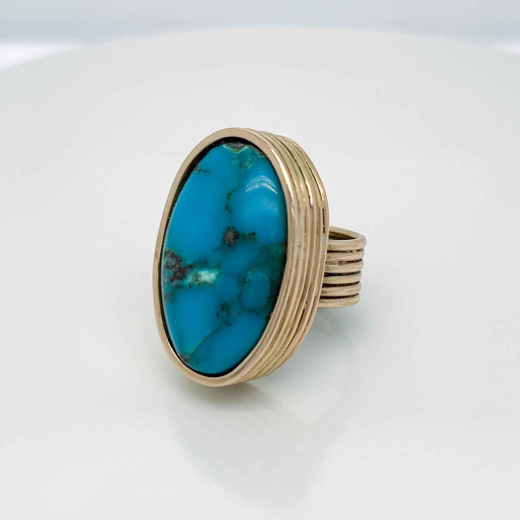Women's or Men's Vintage Southwestern Artisan 14K Gold & Cabochon Turquoise Ring For Sale