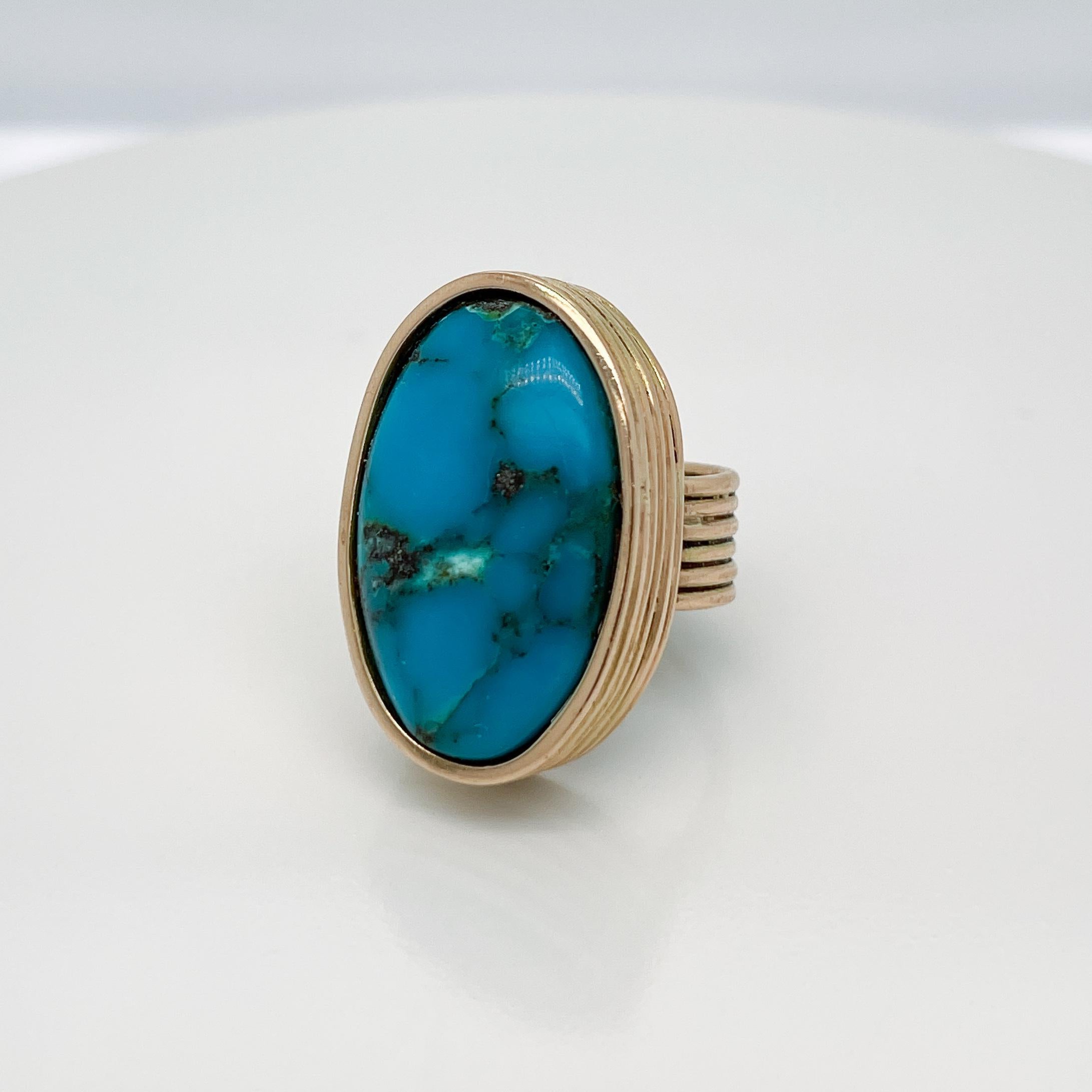 Vintage Southwestern Artisan 14K Gold & Cabochon Turquoise Ring For Sale 1