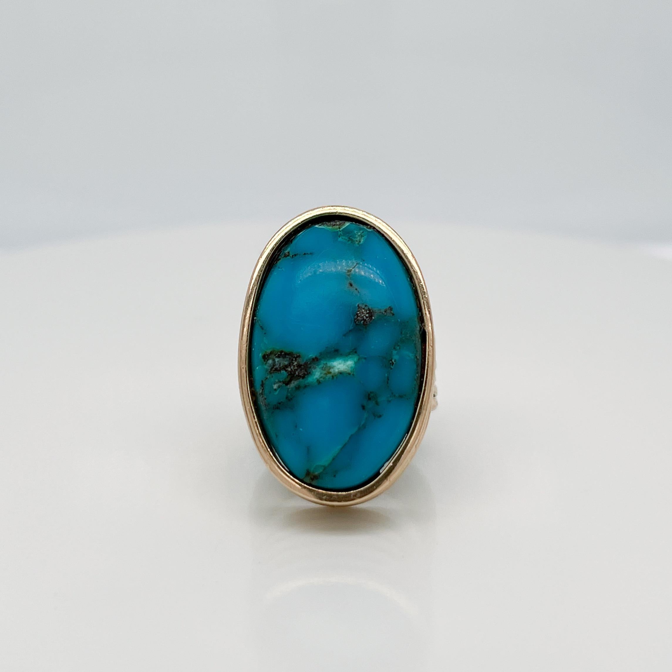 Vintage Southwestern Artisan 14K Gold & Cabochon Turquoise Ring For Sale 2