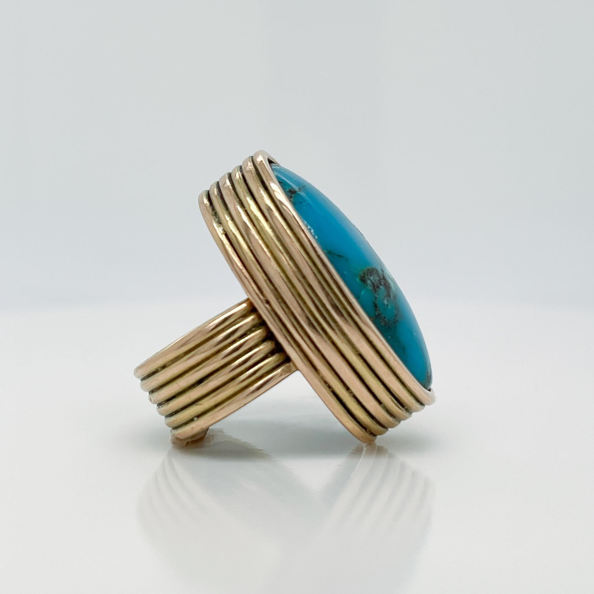 Vintage Southwestern Artisan 14K Gold & Cabochon Turquoise Ring For Sale 3