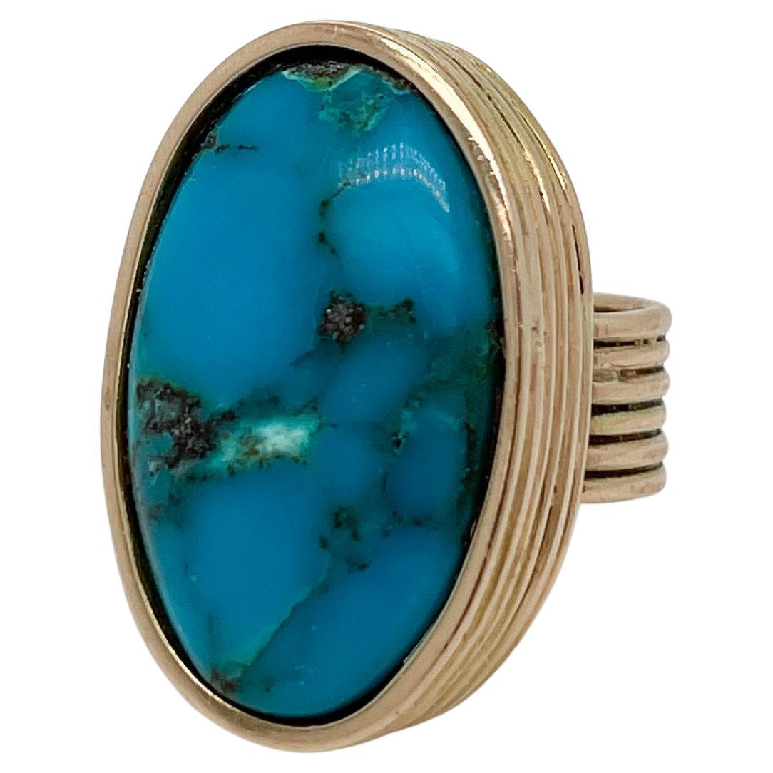 Vintage Southwestern Artisan 14K Gold & Cabochon Turquoise Ring For Sale