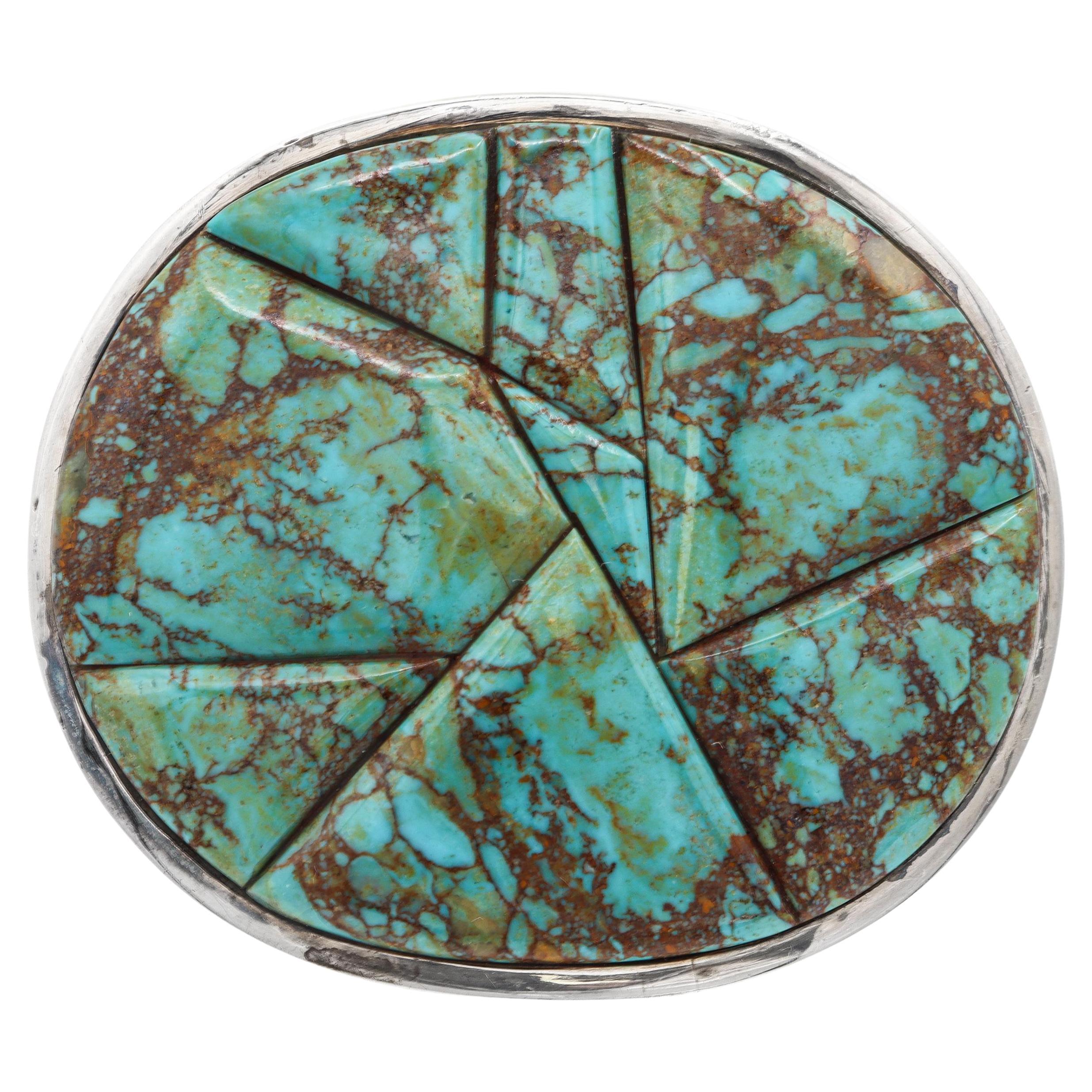 Vintage Southwestern Artist Signed Sterling Silver Turquoise Inlay Belt Buckle (boucle de ceinture)