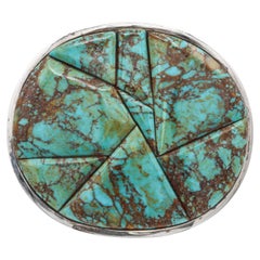 Vintage Southwestern Artist Signed Sterling Silver Turquoise Inlay Belt Buckle (boucle de ceinture)