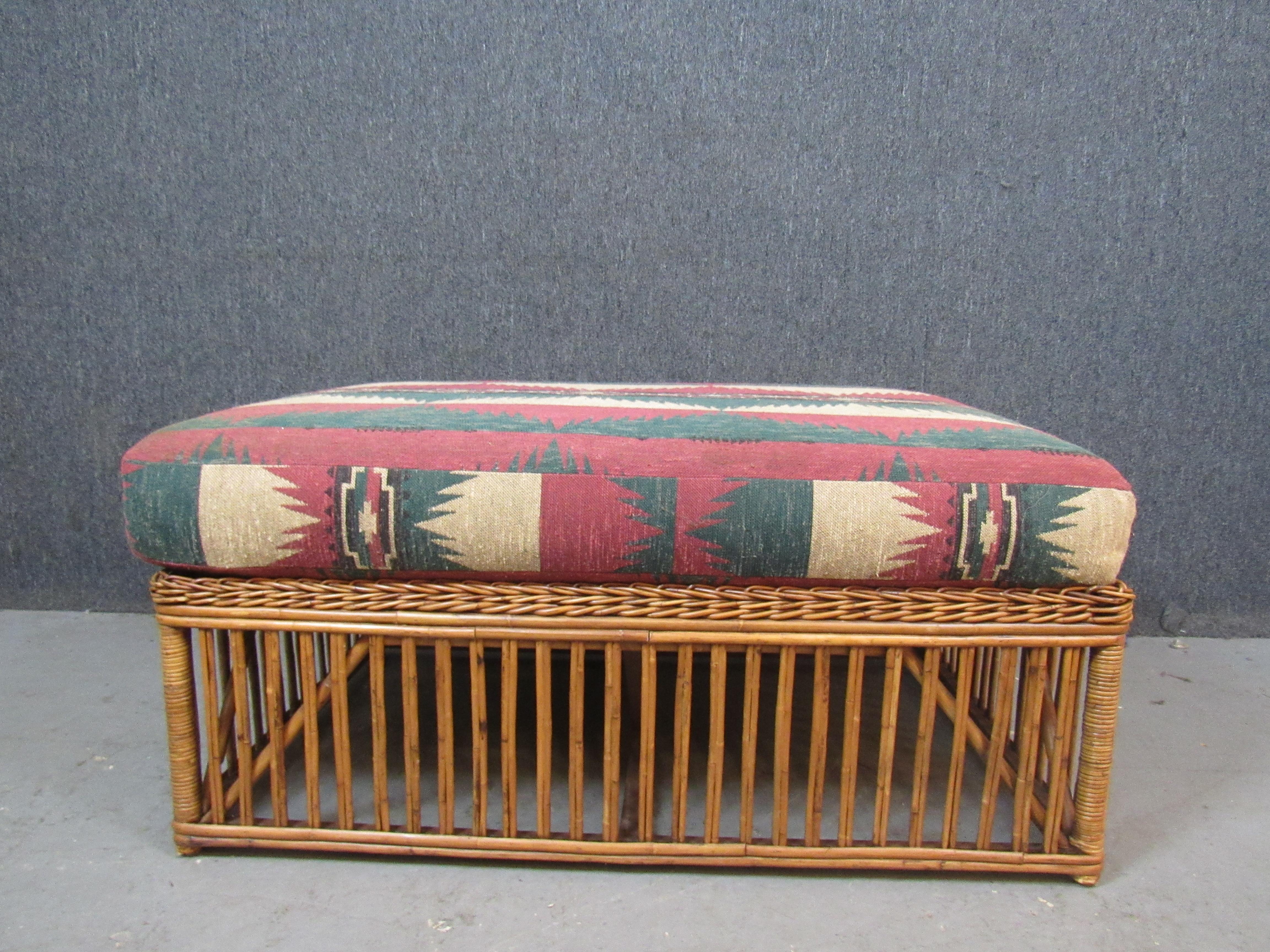 Vintage Southwestern Bamboo & Rattan Ottoman In Good Condition In Brooklyn, NY