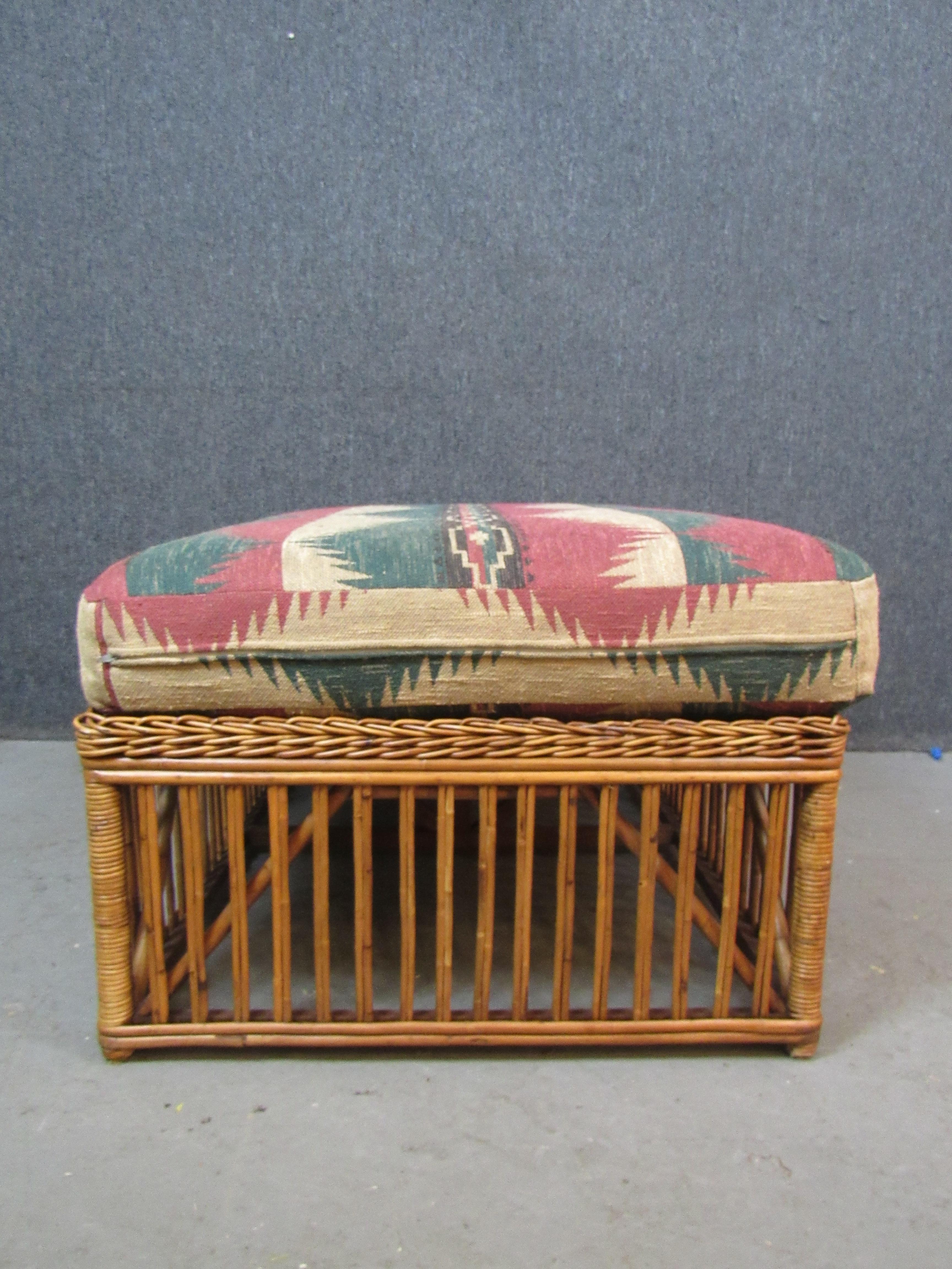 Vintage Southwestern Bamboo & Rattan Ottoman In Good Condition In Brooklyn, NY