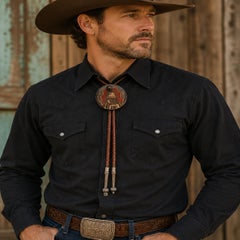 Bolo tie vintage in stile sud-occidentale con statuetta Pueblo intagliata e dipinta