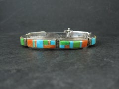 Vintage Southwestern Gemstone Inlay Bracelet Sterling Silver 6.75"
