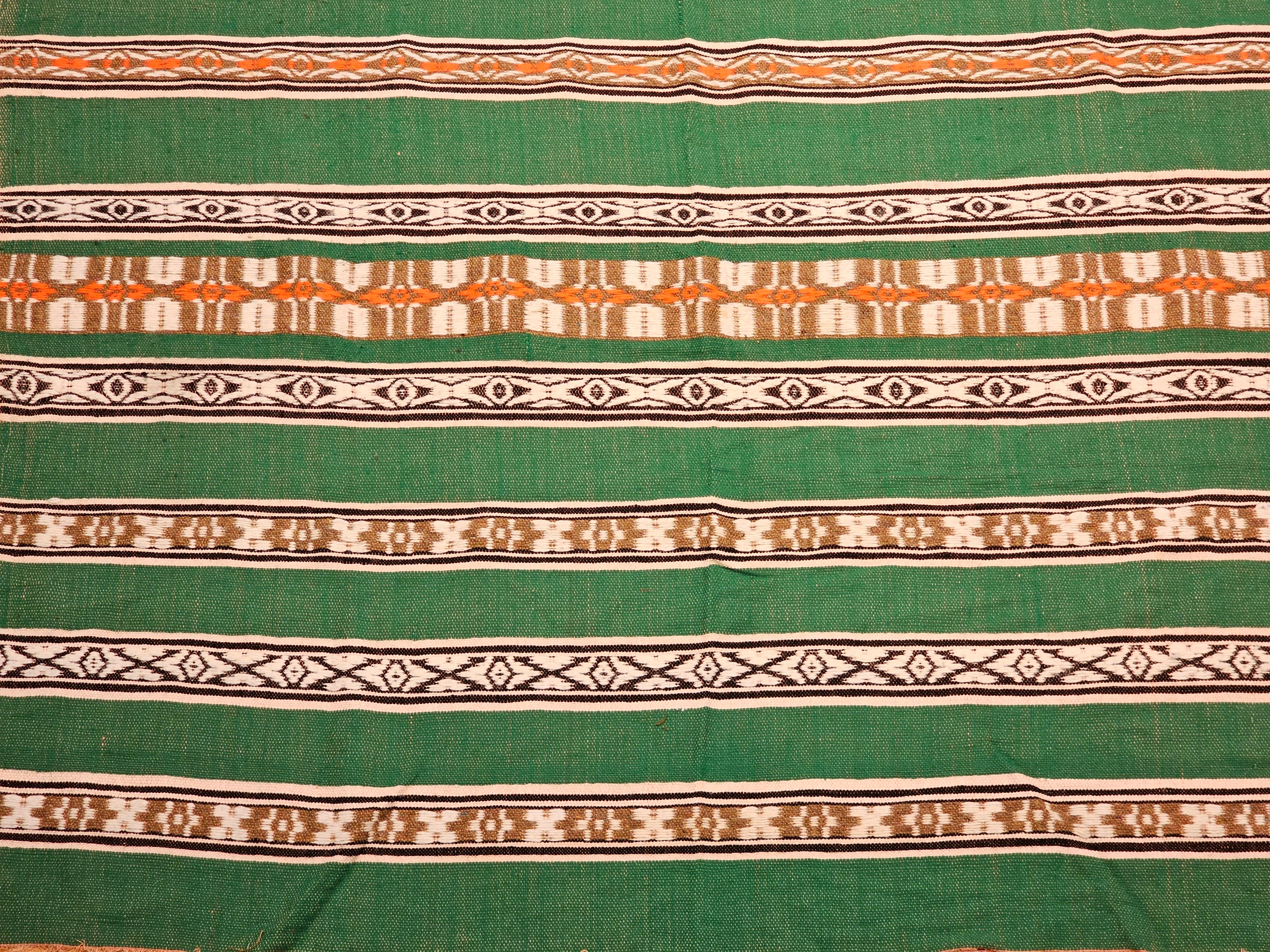 Manta vintage de tejido plano del suroeste en verde, marfil, marrón, naranja y negro Mexicano en venta