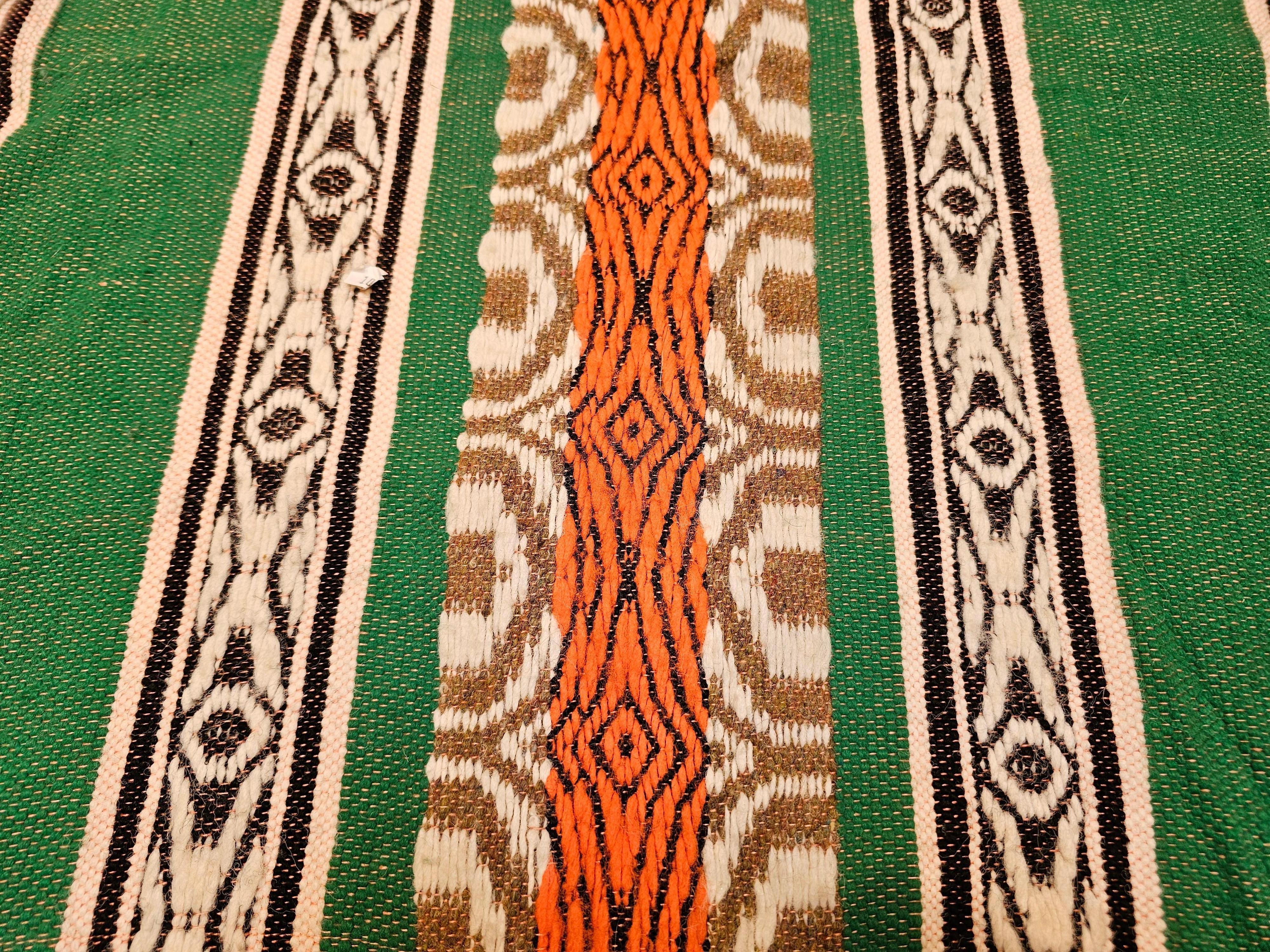 Manta vintage de tejido plano del suroeste en verde, marfil, marrón, naranja y negro en venta 2